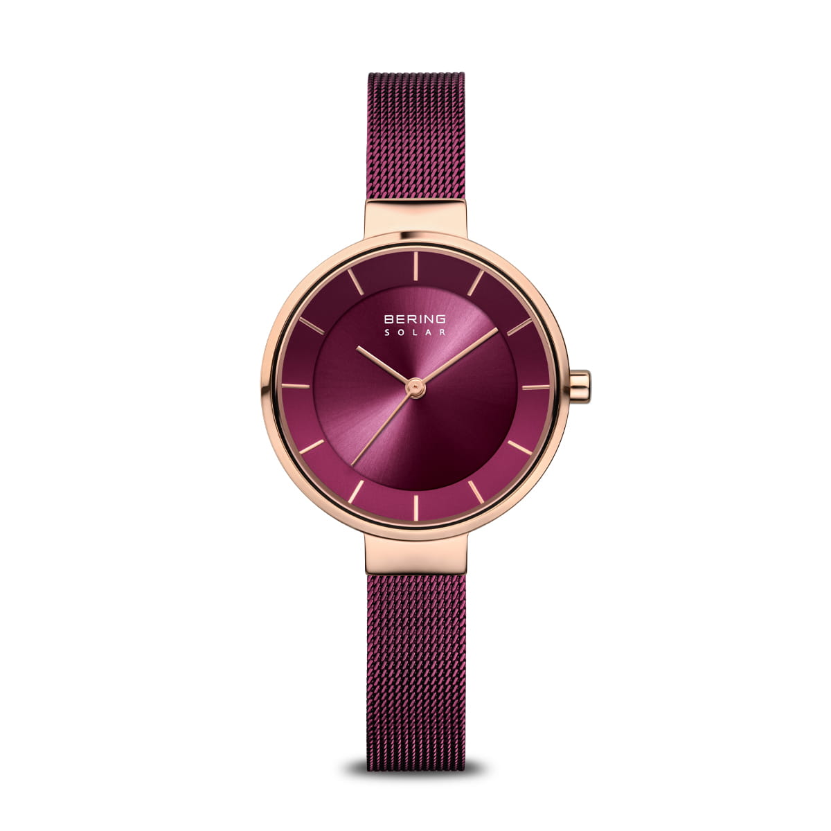 Reloj con esfera morada, correa de malla metálica dorada y detalles en oro rosa.