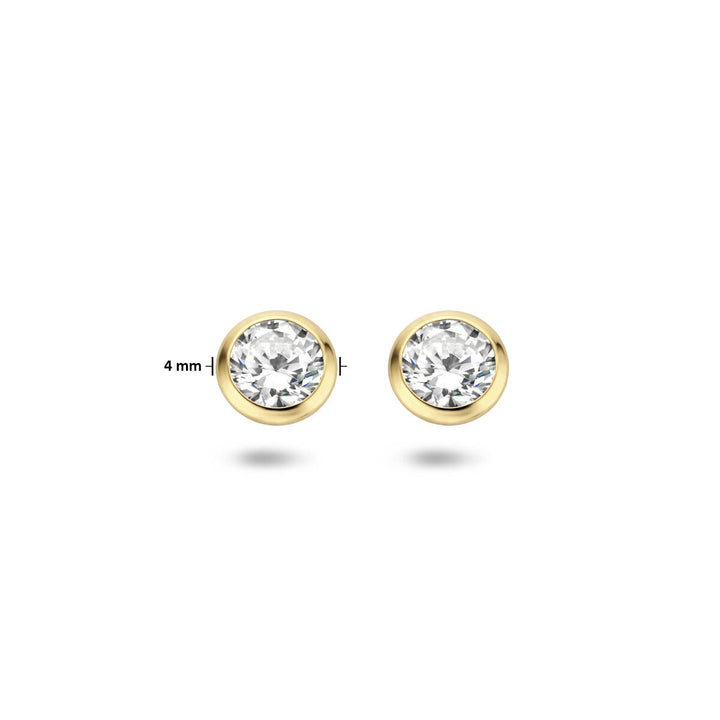 Van der Kooij Collectie oorknoppen zirkonia 14K geelgoud: ronde studs met 4 mm zirkonia, gezet in geelgouden zettingen en getoond tegen een witte achtergrond.