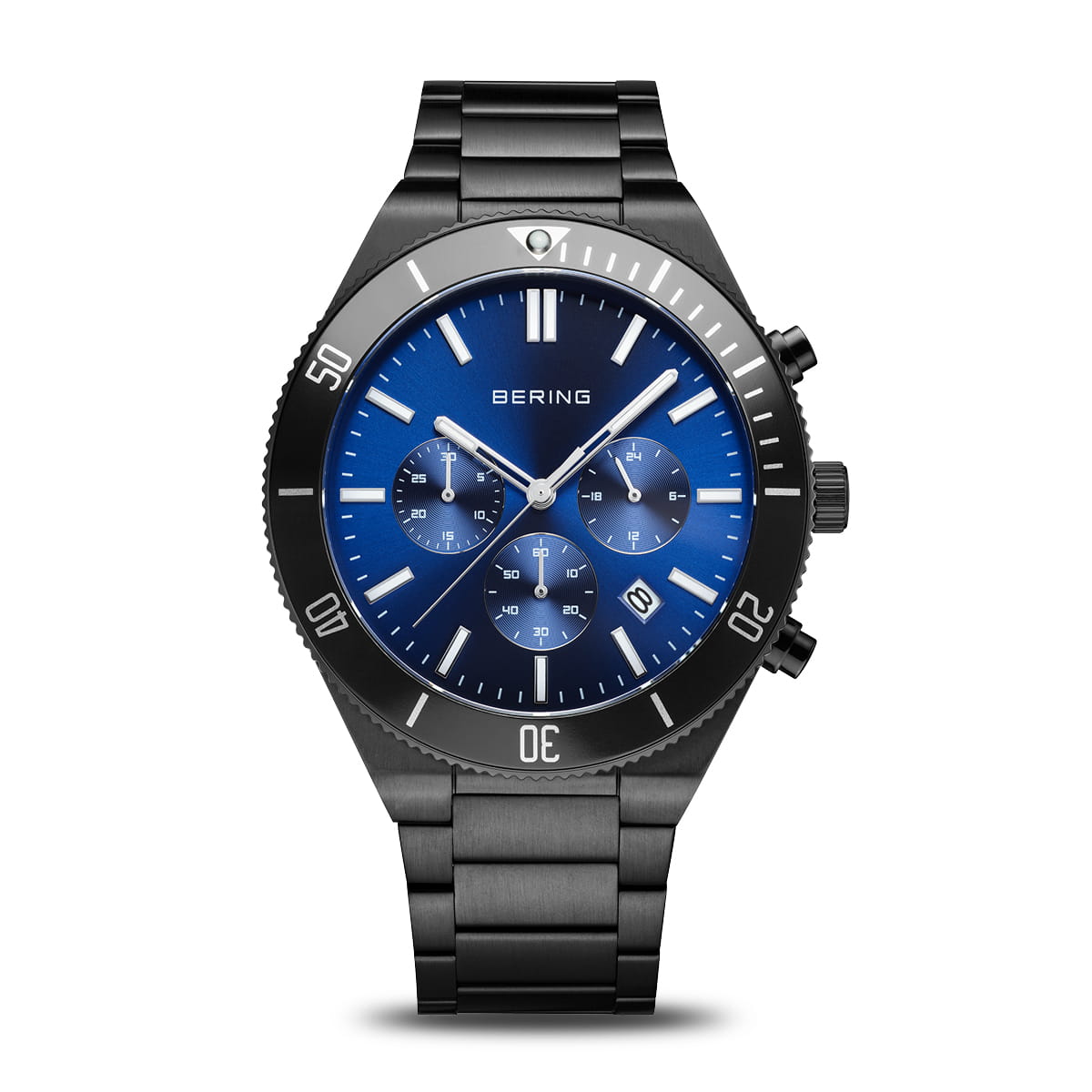 Reloj de hombre con esfera azul, caja negra y correa de acero inoxidable, con cronógrafo y fecha.