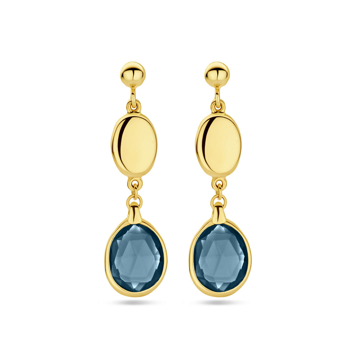 Pendientes largos de topacio azul londinense de 36 mm en oro amarillo de 14 quilates.