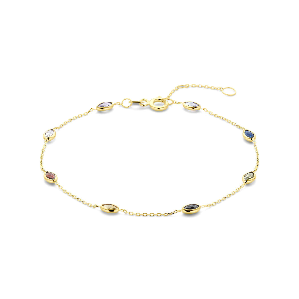 Pulsera de oro amarillo de 14k con circonitas de colores, diseño delicado y detalles brillantes.