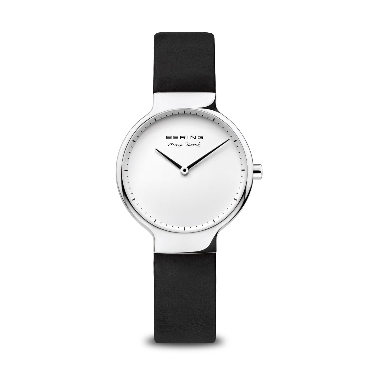 Reloj de mujer con esfera blanca, correa negra y caja plateada.