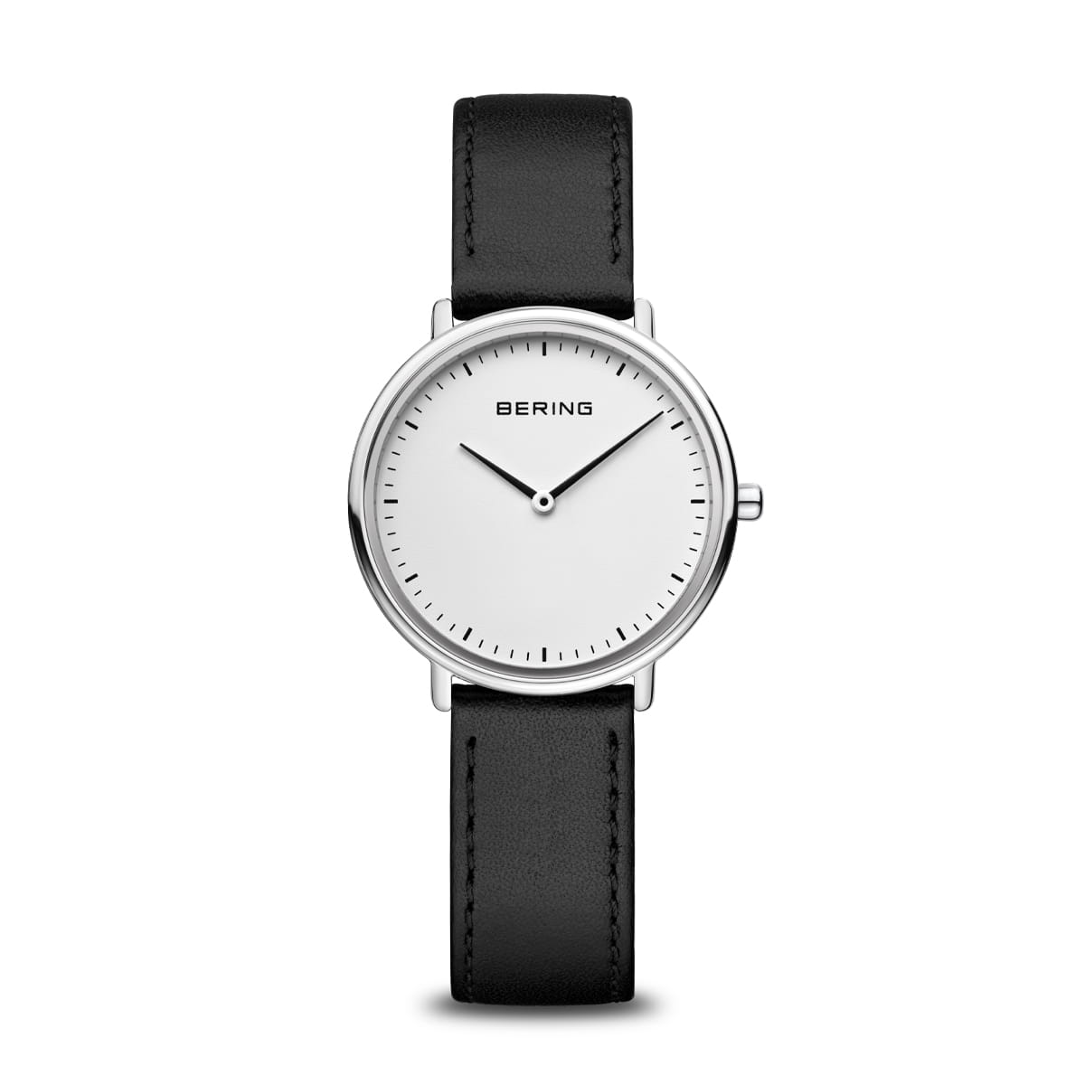 Reloj con esfera blanca, caja plateada y correa de cuero negro.
