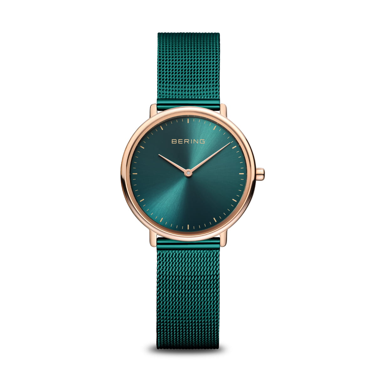 Reloj con esfera verde y correa de malla metálica dorada.