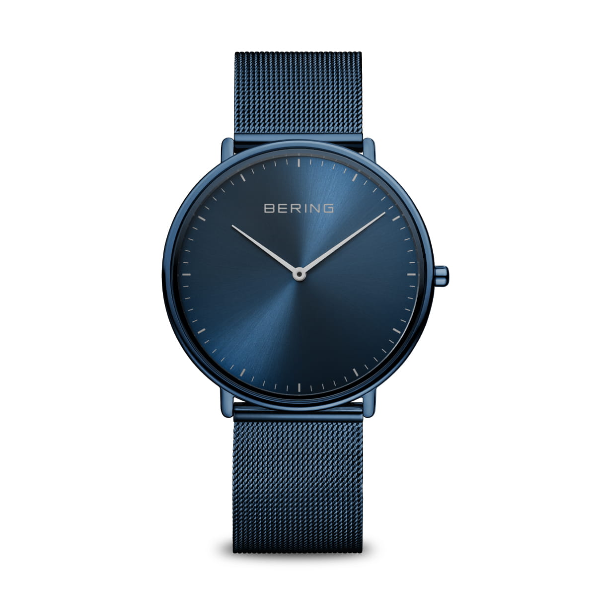 Reloj unisex con esfera azul y correa de malla metálica azul.