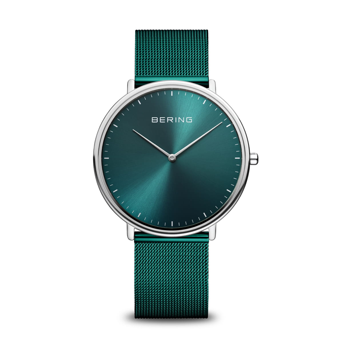 Reloj con esfera verde esmeralda y correa de malla metálica en tono verde.