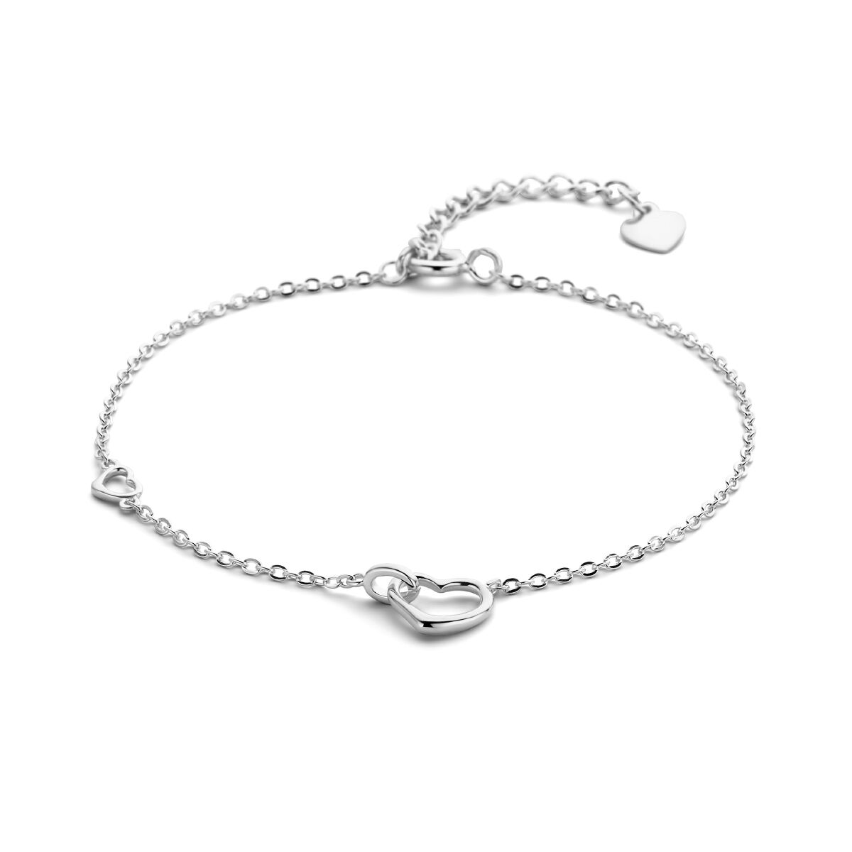 Pulsera de plata rodiada con corazones, de 16 + 3 cm de longitud.