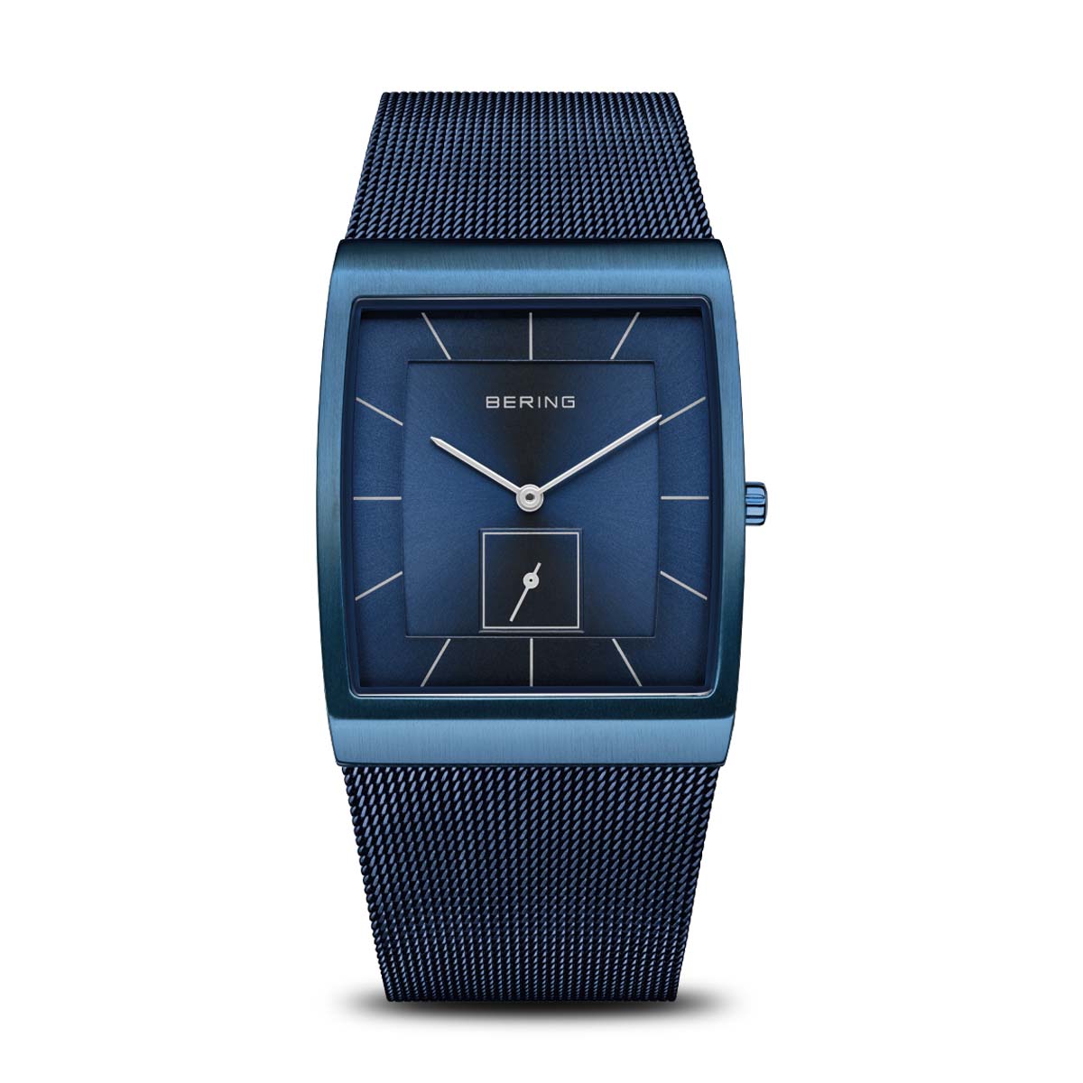 Reloj de hombre con esfera azul, caja cuadrada y correa de malla azul.