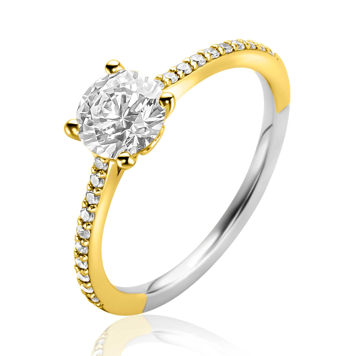 Anillo dorado con piedra central brillante y detalles de circonitas en el aro.
