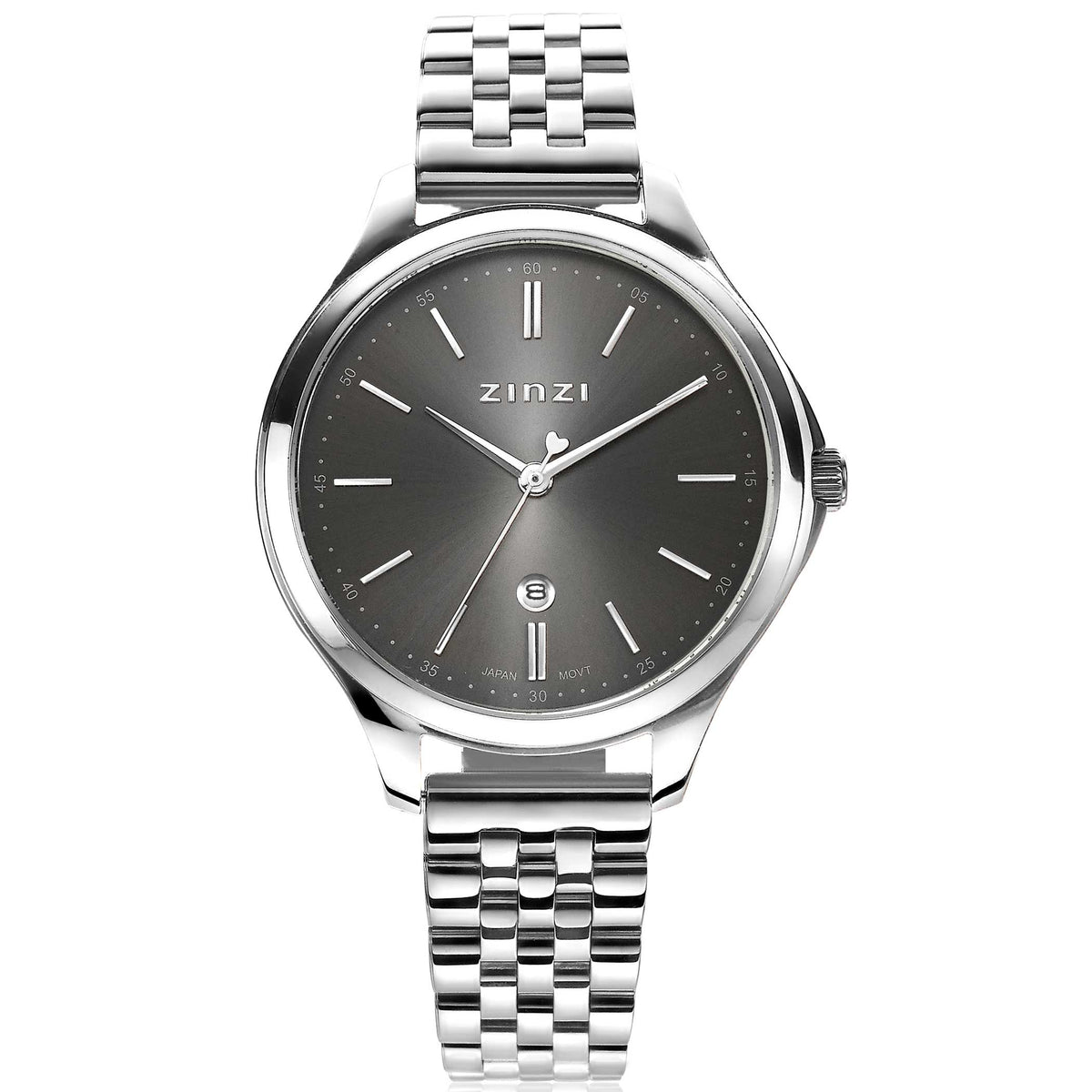 Reloj de acero color plateado con esfera gris y correa de malla.