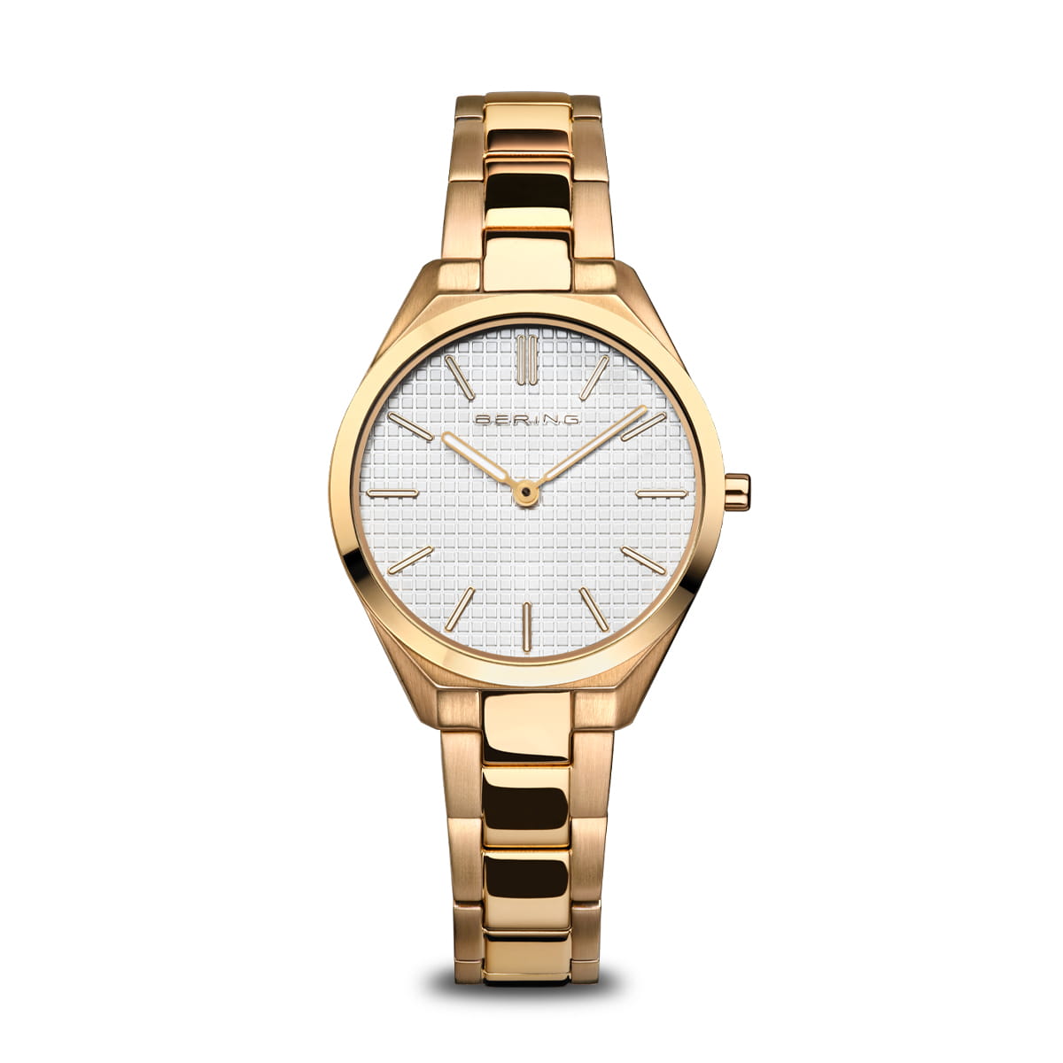 Reloj de dama con esfera blanca, caja dorada y pulsera de eslabones dorados.