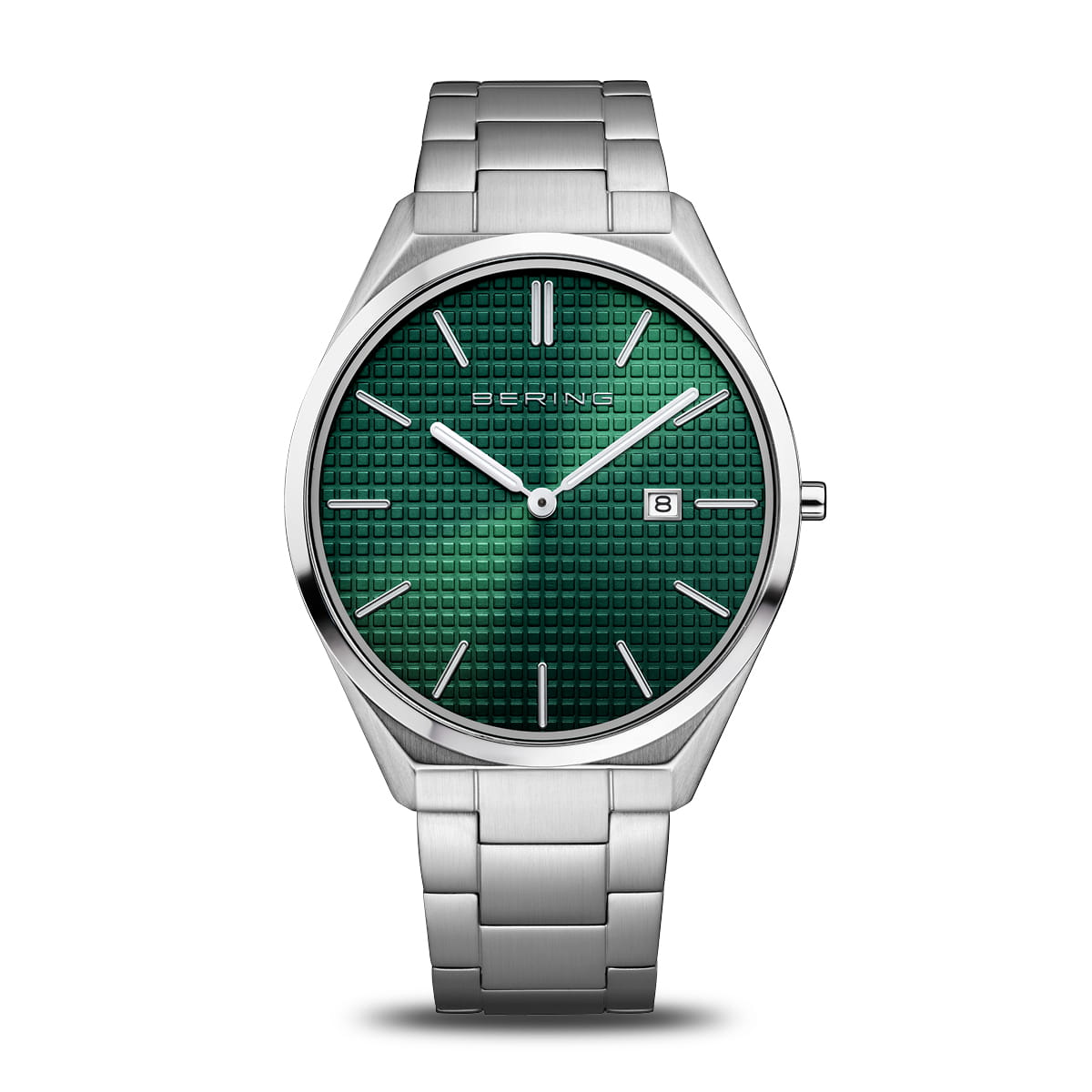 Reloj de hombre con esfera verde, caja y correa de acero inoxidable, diseño moderno y minimalista.