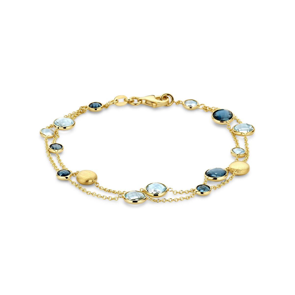 Pulsera de oro amarillo de 14K con topacios azul cielo y azul londres en forma de círculos.