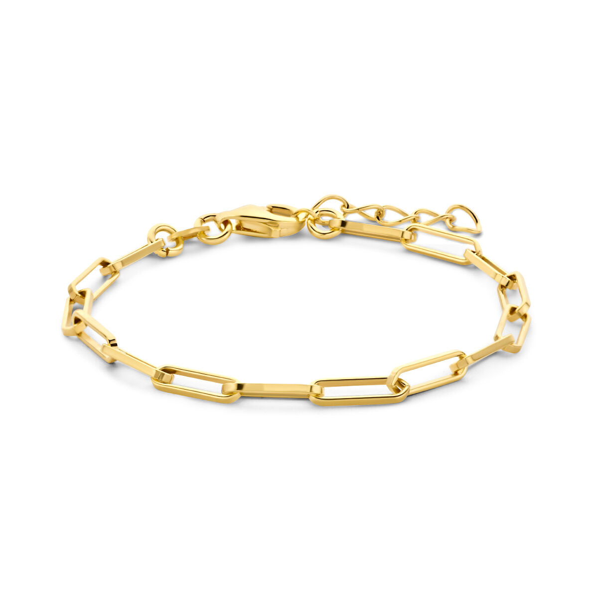 Pulsera de eslabones en forma de clip de papel, dorada, con un acabado brillante y cierre de langosta.