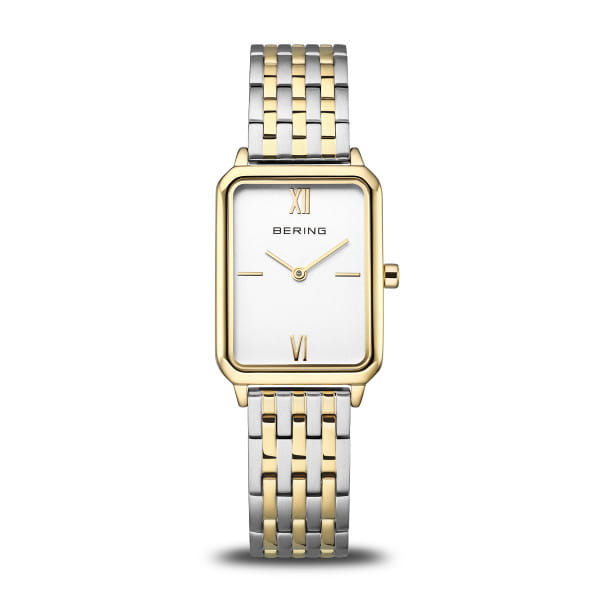 Reloj de dama con caja rectangular, esfera blanca y pulsera bicolor en acero inoxidable dorado y plateado.