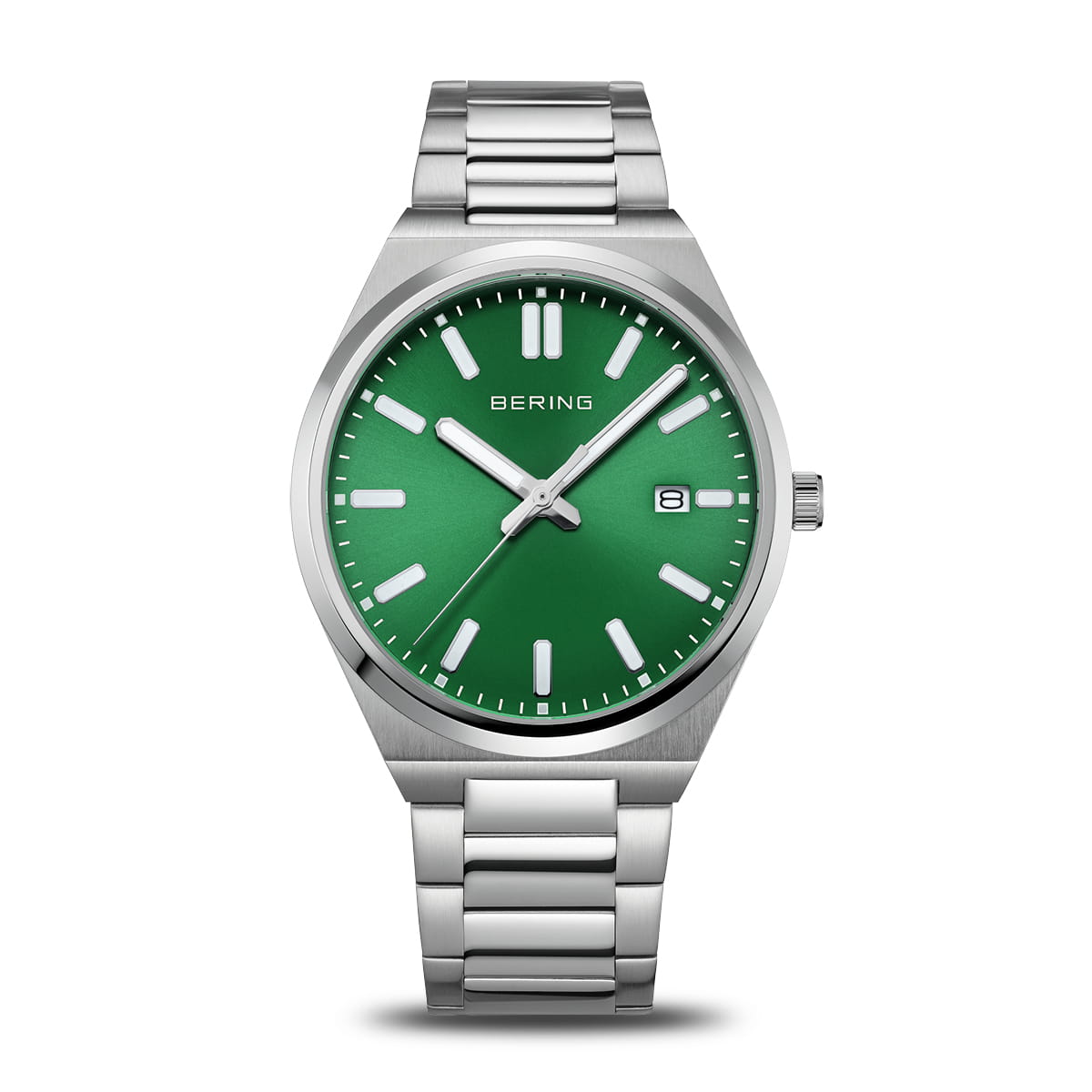 Reloj de hombre Bering con esfera verde, correa de acero inoxidable y detalles plateados.