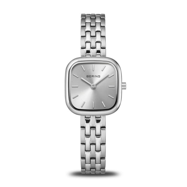 Reloj de dama con esfera plateada, caja cuadrada y pulsera de eslabones en acero inoxidable.