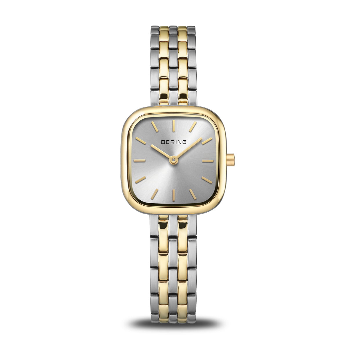 Reloj de dama bicolor con esfera gris, caja cuadrada dorada y pulsera de acero inoxidable.