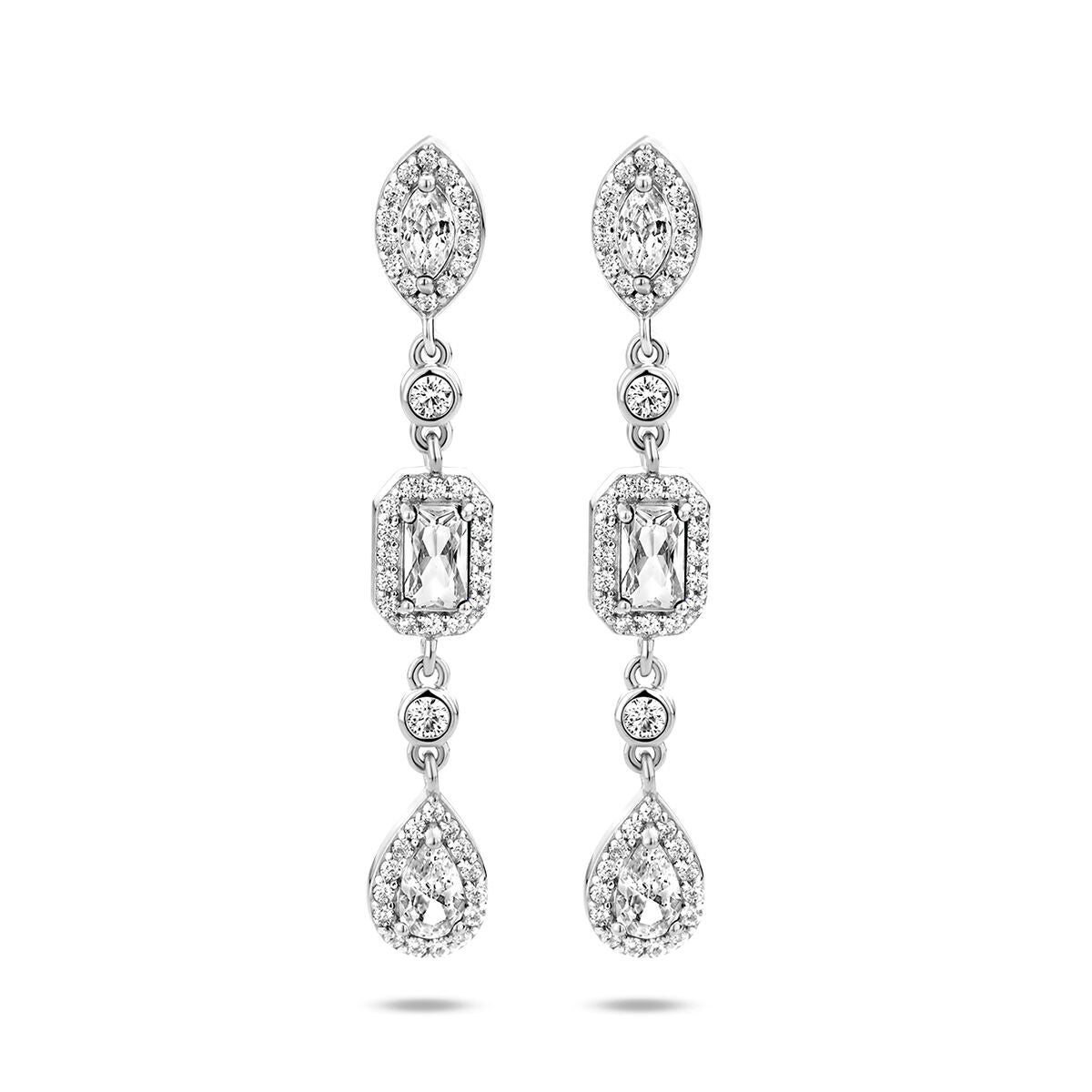 Pendientes largos de zirconia en plata rodiada con diseño en forma de gota y detalles brillantes.