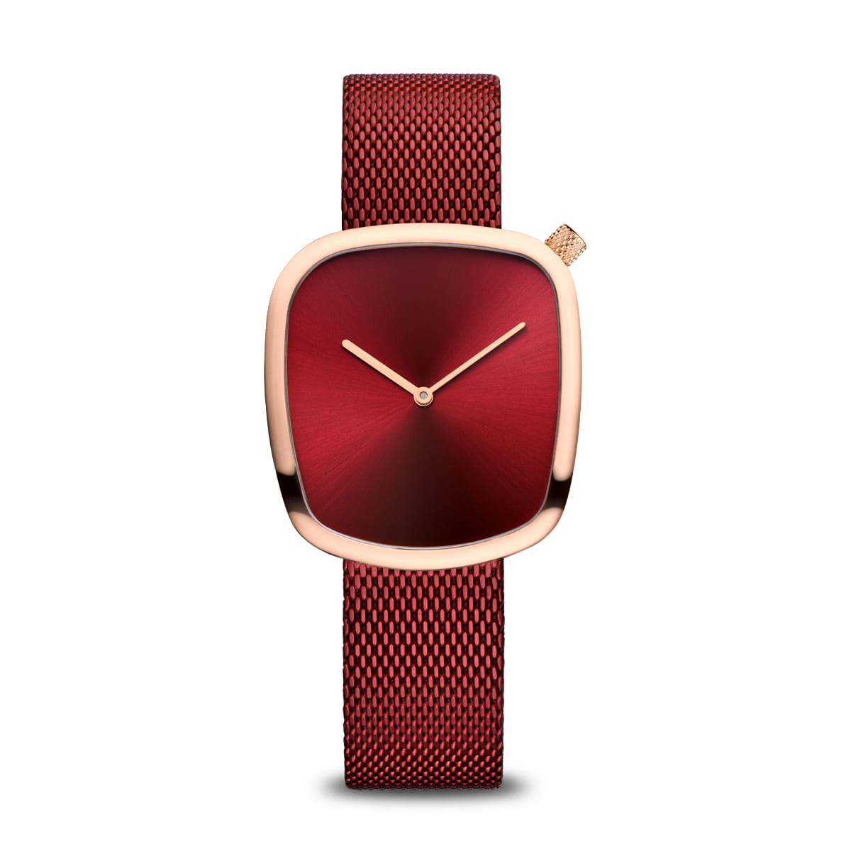 Reloj de dama con esfera roja, caja cuadrada en tono dorado y correa de malla metálica roja.