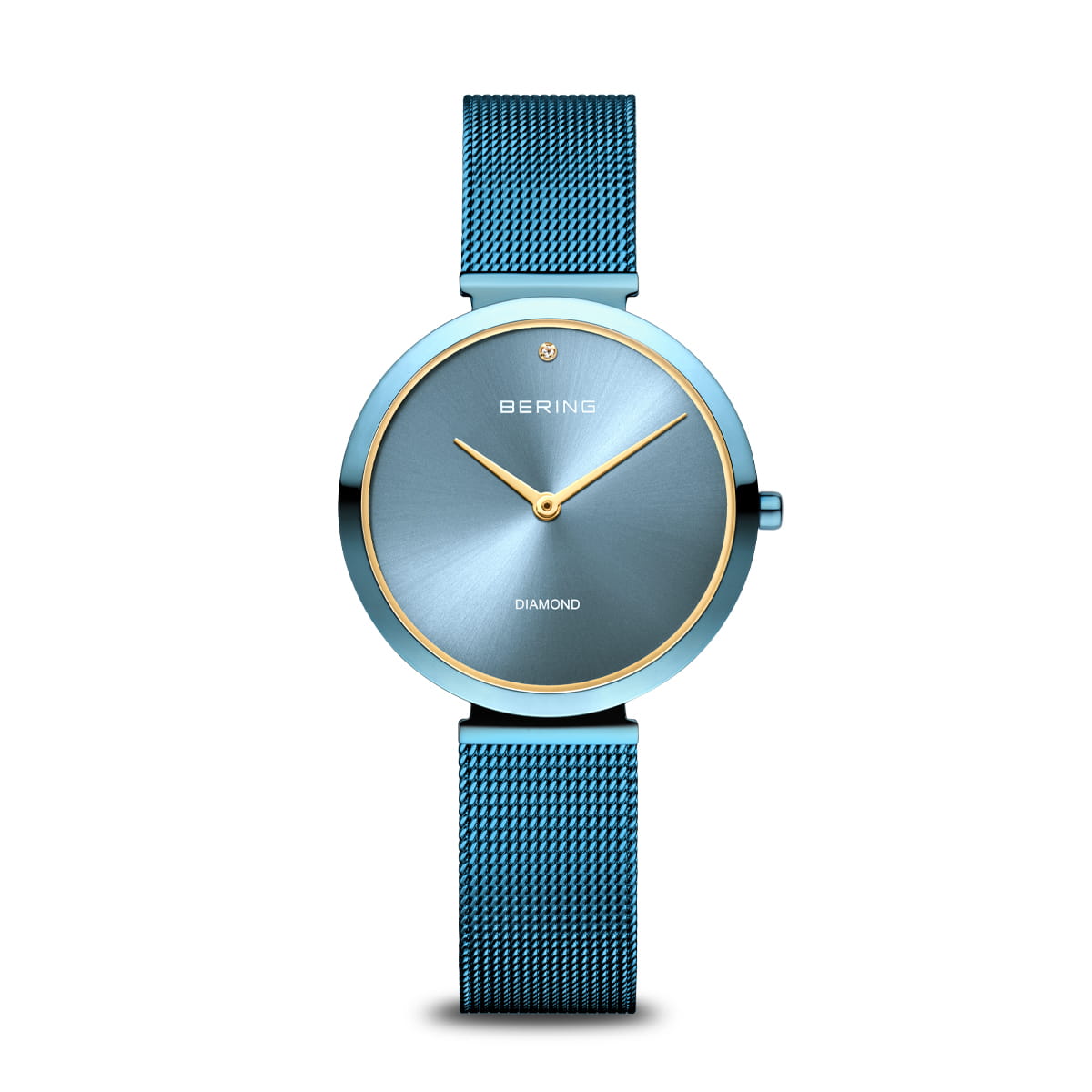 Reloj de dama con esfera azul y correa de malla metálica plateada.