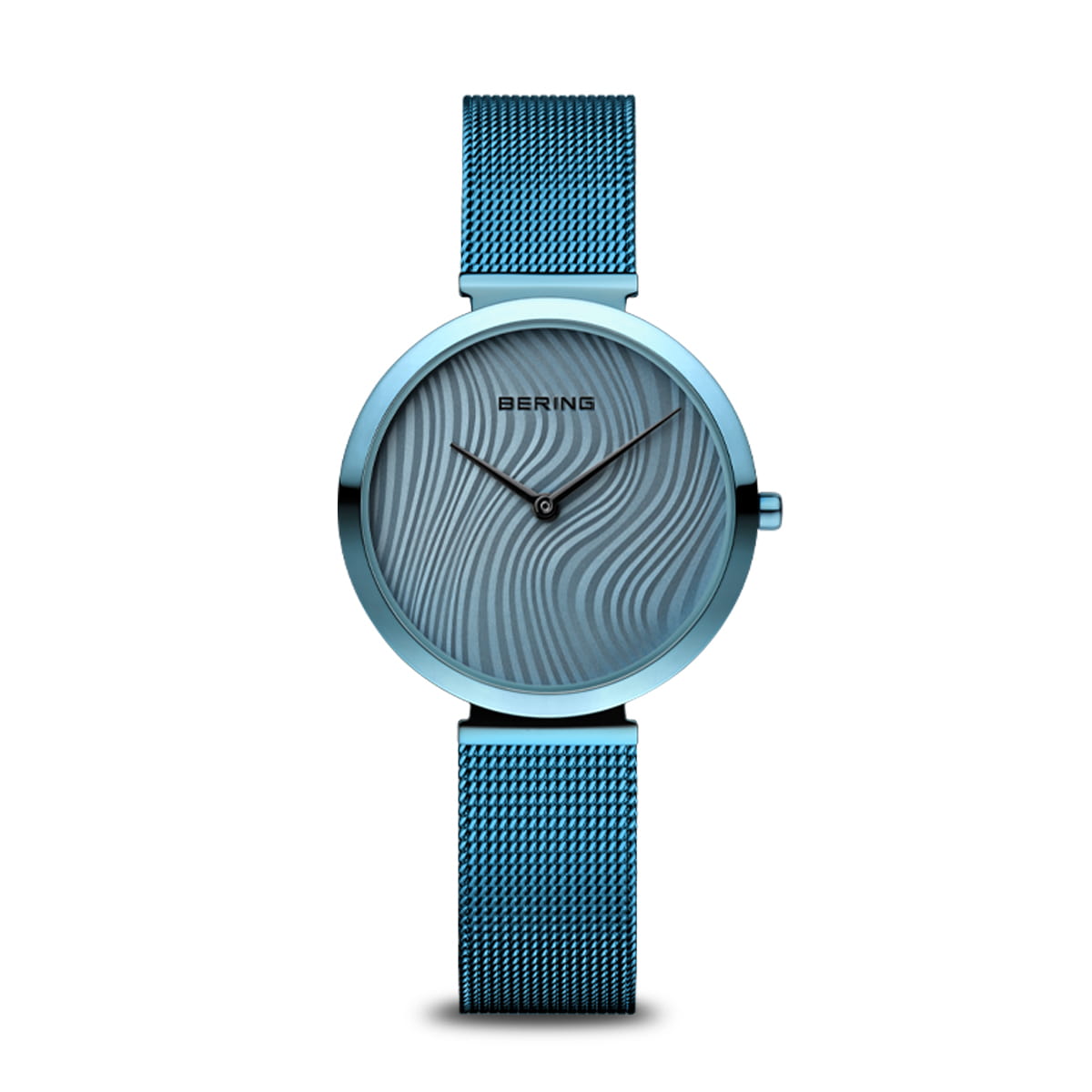 Reloj de mujer con esfera azul y correa de malla metálica azul.