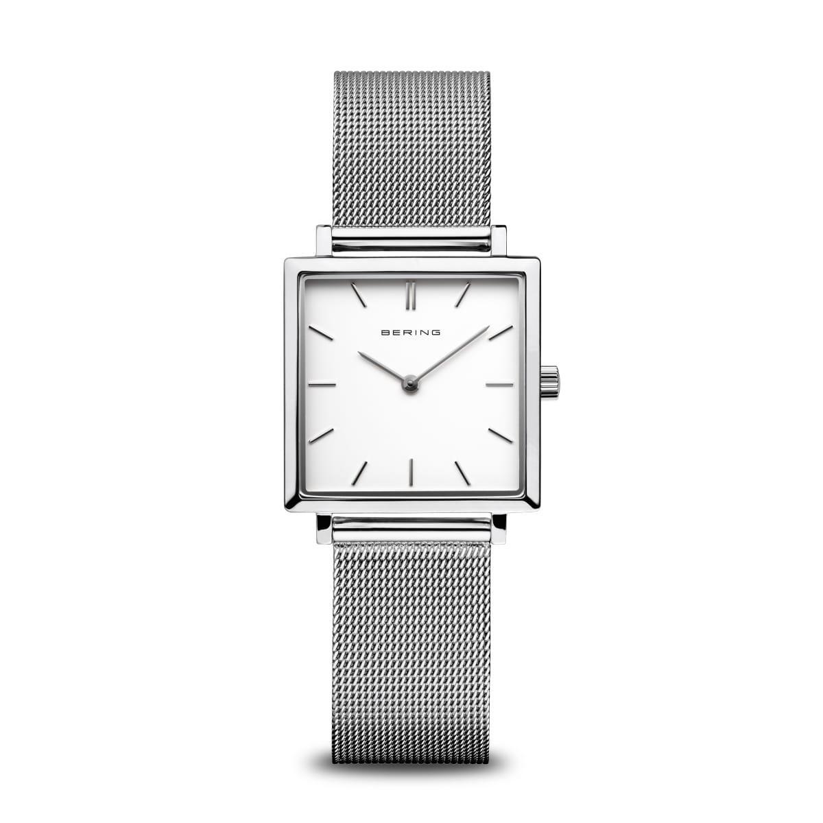 Reloj de mujer con esfera blanca, caja cuadrada y correa de malla metálica plateada.