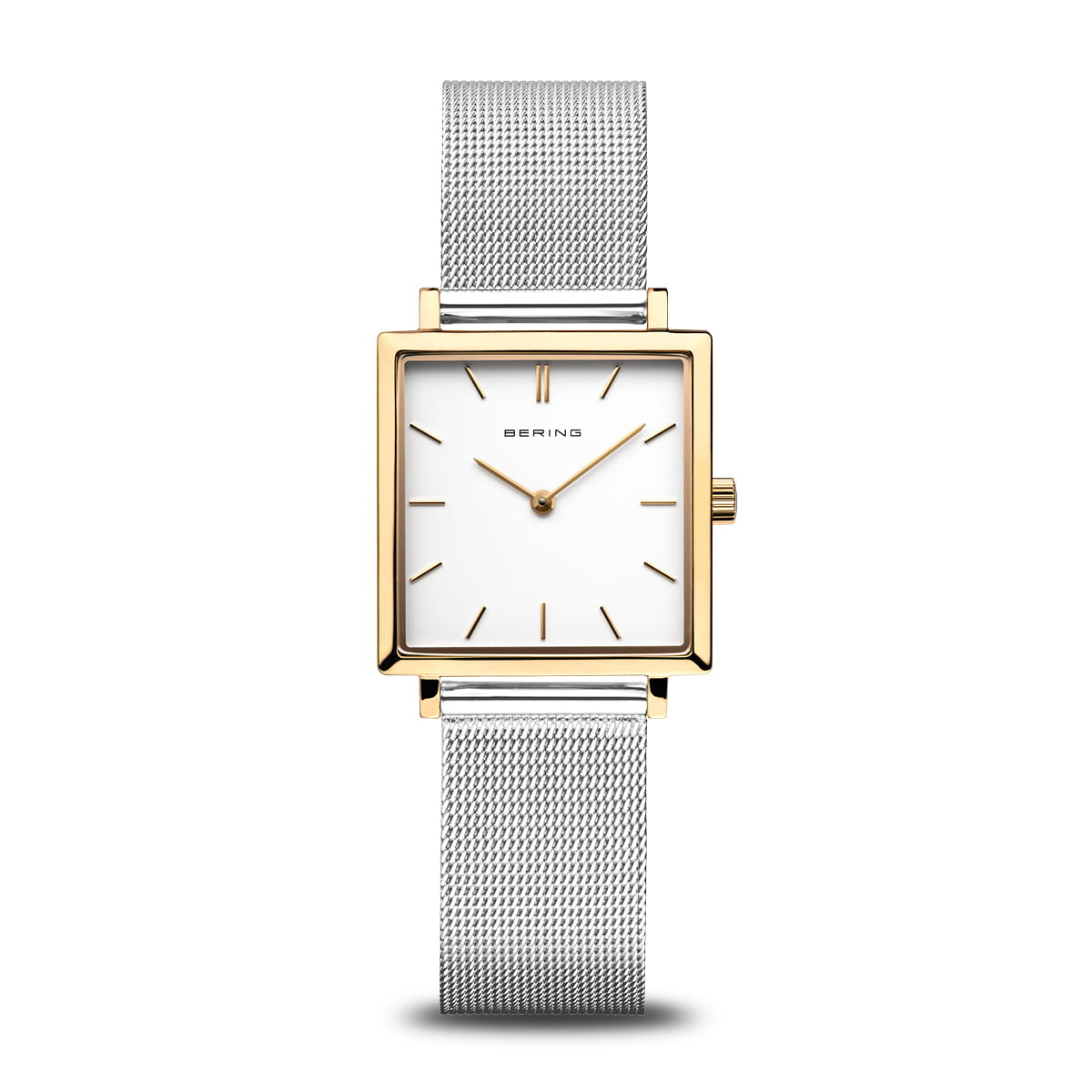 Reloj de dama con esfera blanca, caja cuadrada dorada y correa de malla plateada.