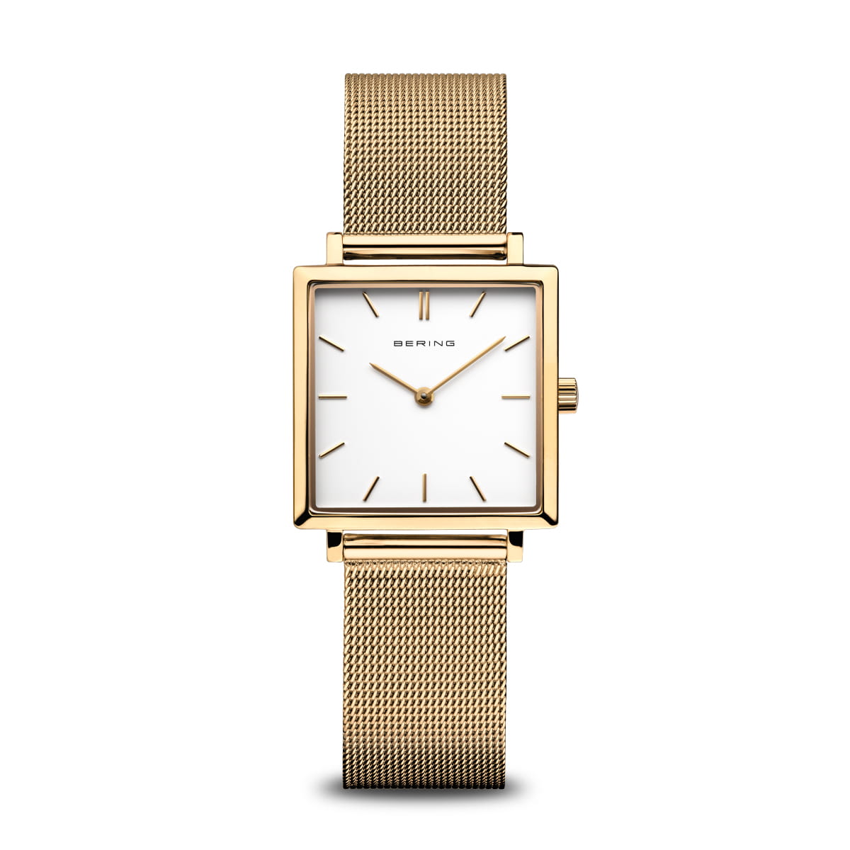 Reloj de mujer con esfera blanca, caja cuadrada dorada y correa de malla metálica dorada.
