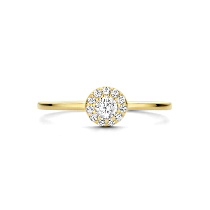 De Van der Kooij Collectie ring zirkonia halo 14K geelgoud is een slanke gouden damesring met een ronde zirkonia in het midden, omringd door een fonkelende halo gezet op 14k geelgoud.