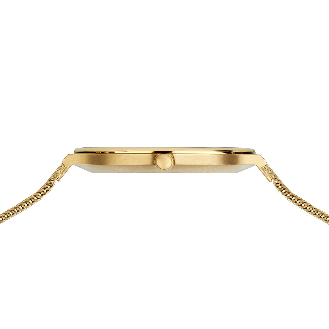 Zijaanzicht van het Bering dames horloge goud - 18434-334, een slank gouden polshorloge met een minimalistisch design, met een platte ronde kast en schakelband. De kroon is zichtbaar aan de rechterkant van de kast.