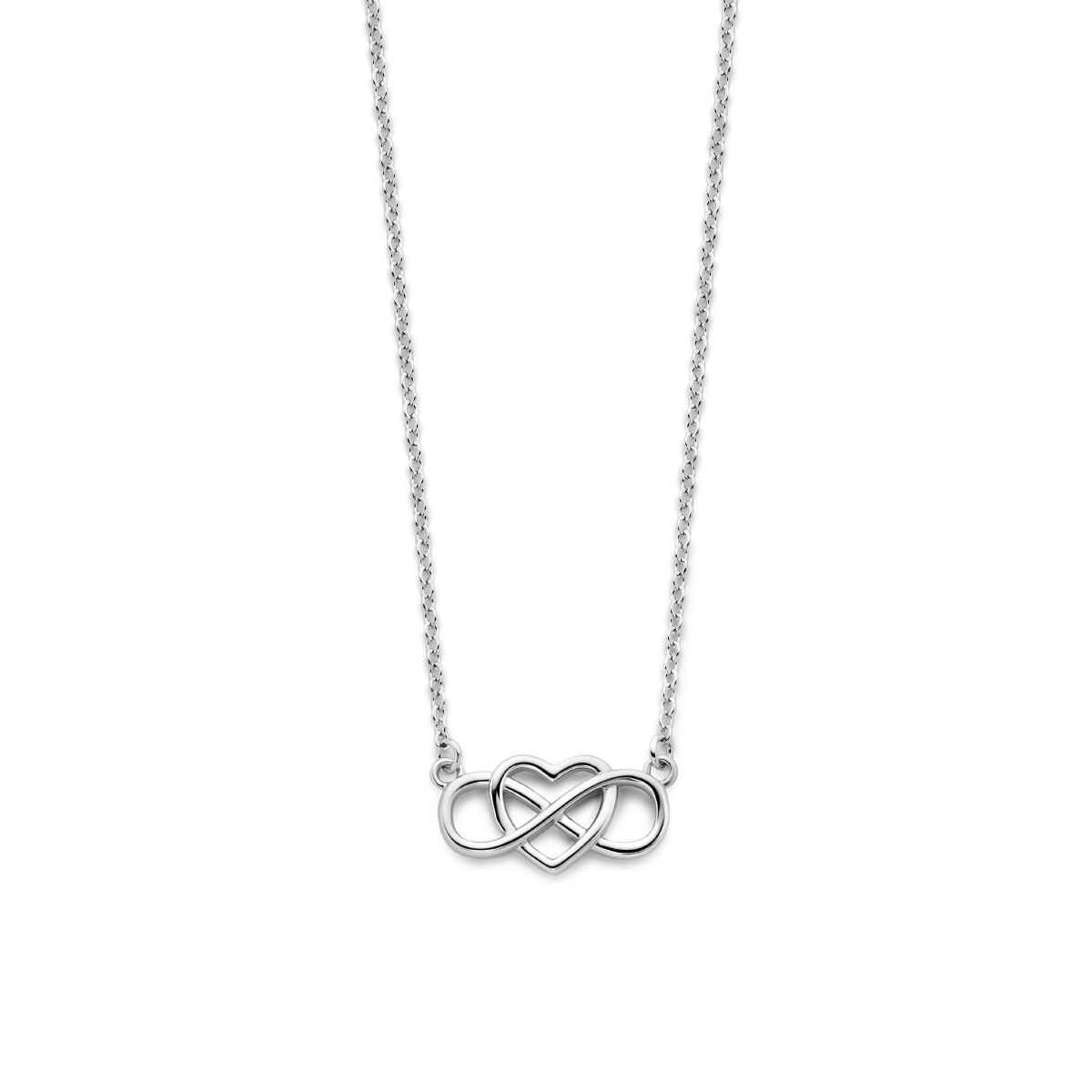 Collar de plata rhodium con colgante de corazón y símbolo de infinito.