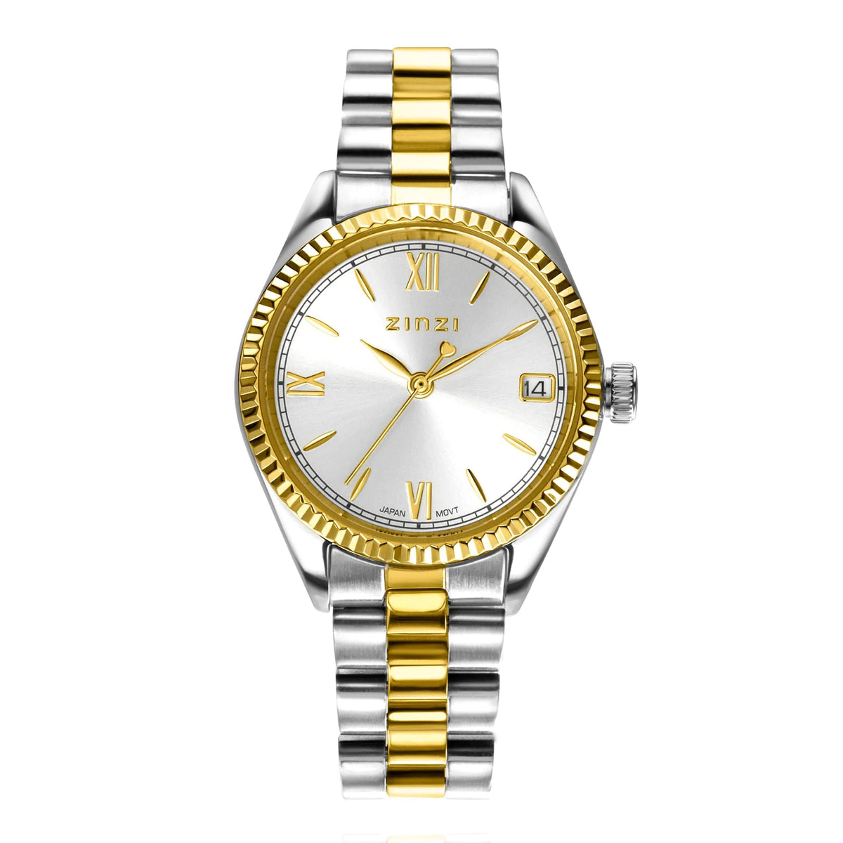 Reloj de acero bicolor con esfera plateada, detalles dorados y correa de eslabones.