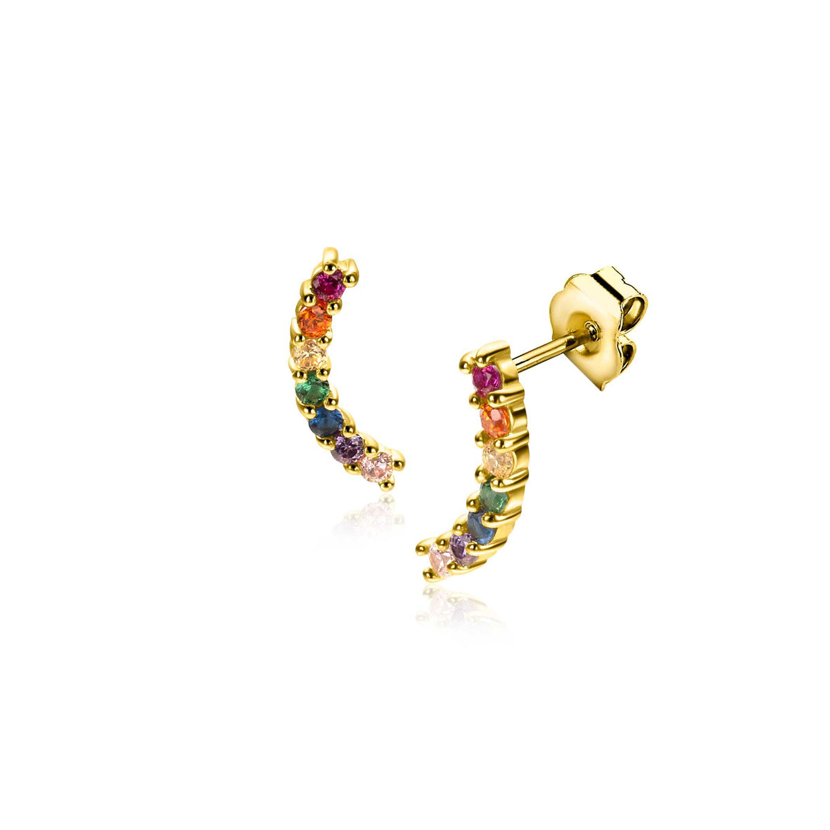 Pendientes de aro dorados con piedras de colores en forma curva.