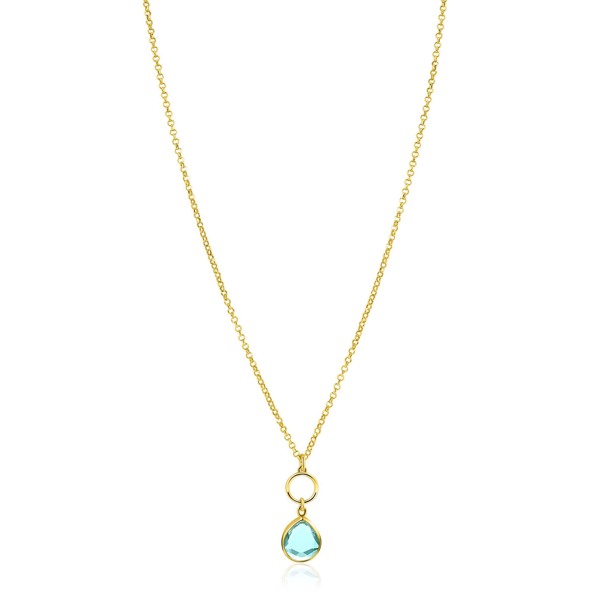 Cadena dorada con colgante en forma de gota de color aqua.