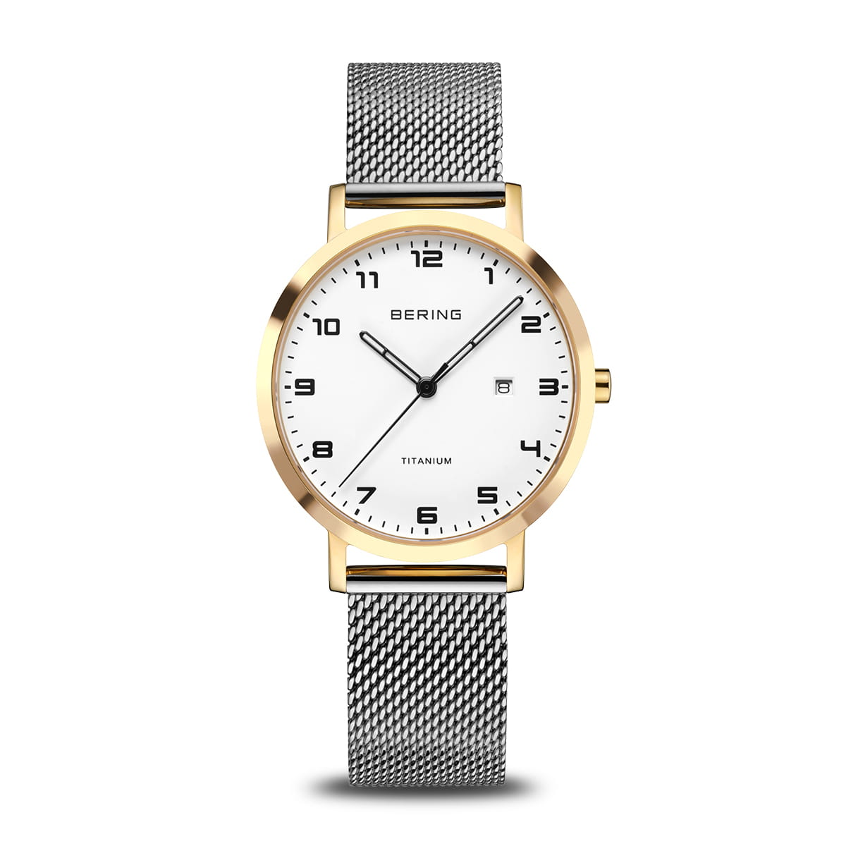 Reloj de mujer con esfera blanca, caja dorada y correa de malla de acero inoxidable.