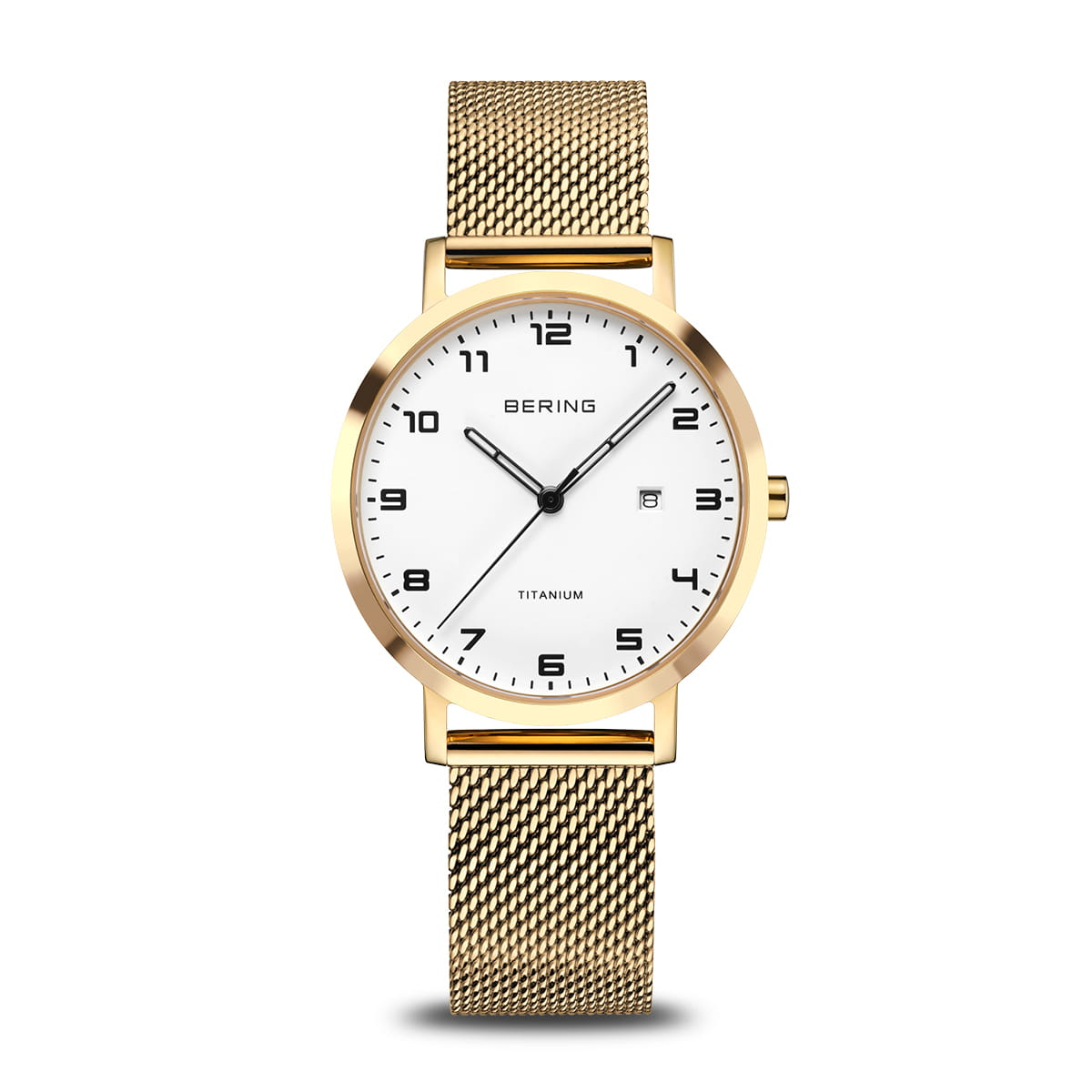Reloj de dama con esfera blanca, caja dorada y correa de malla dorada.