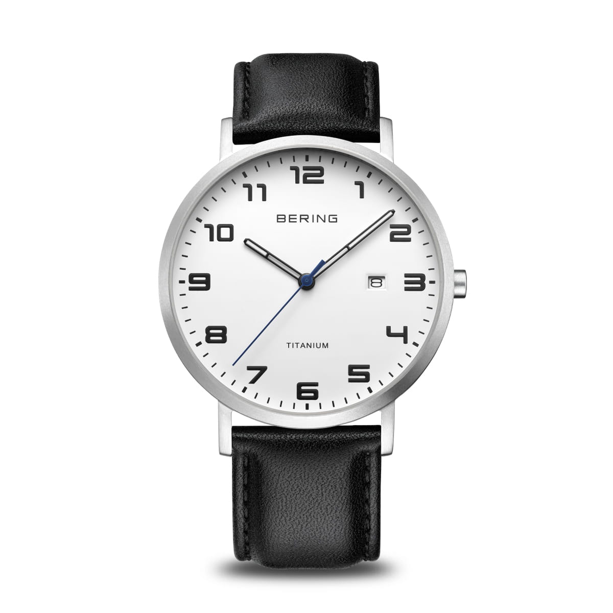 Reloj de hombre con esfera blanca, correa de cuero negra y detalles en acero inoxidable.
