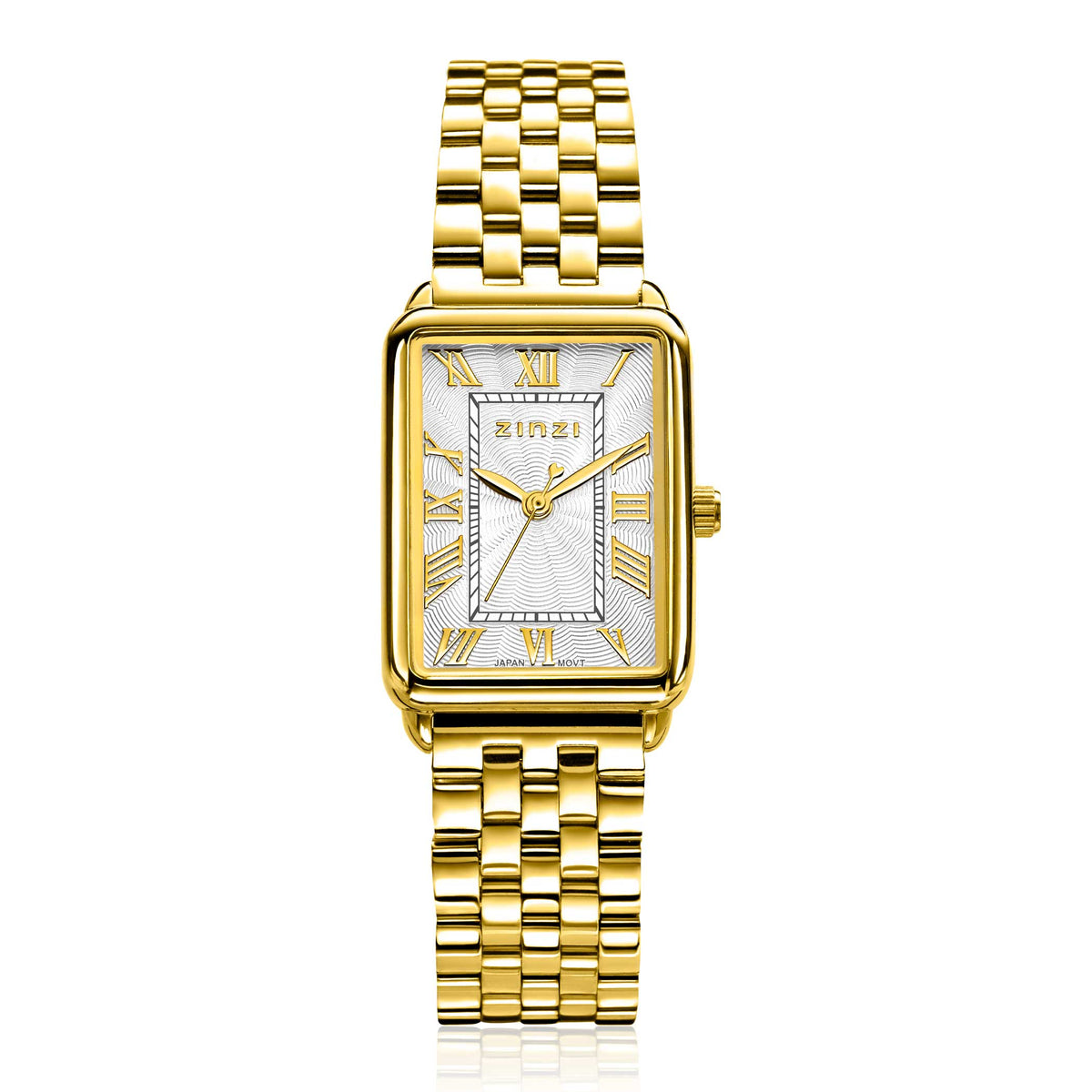 Reloj rectangular de acero color dorado con esfera blanca y detalles en dorado.