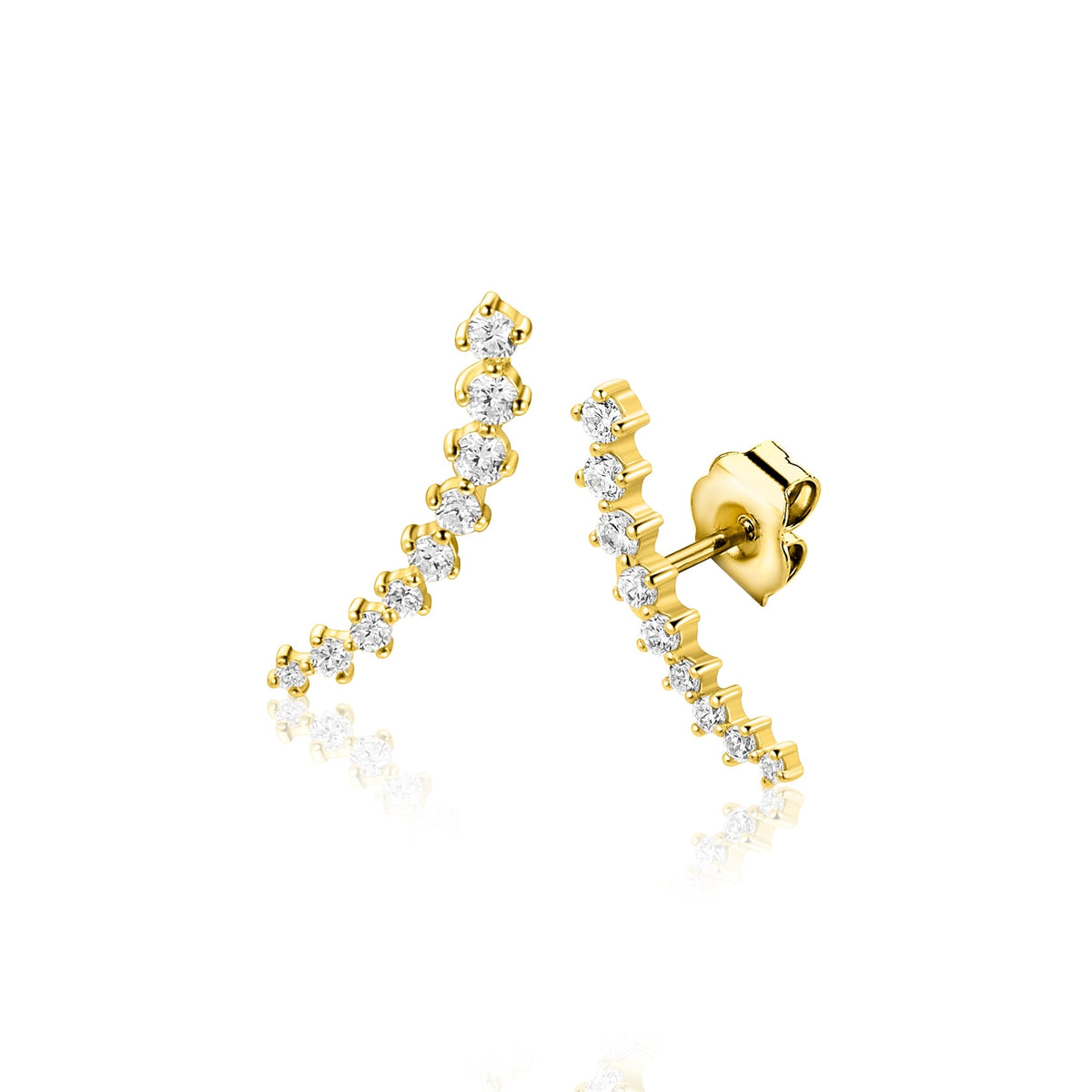 Pendientes de plata chapados en oro con curva asimétrica y piedras brillantes.