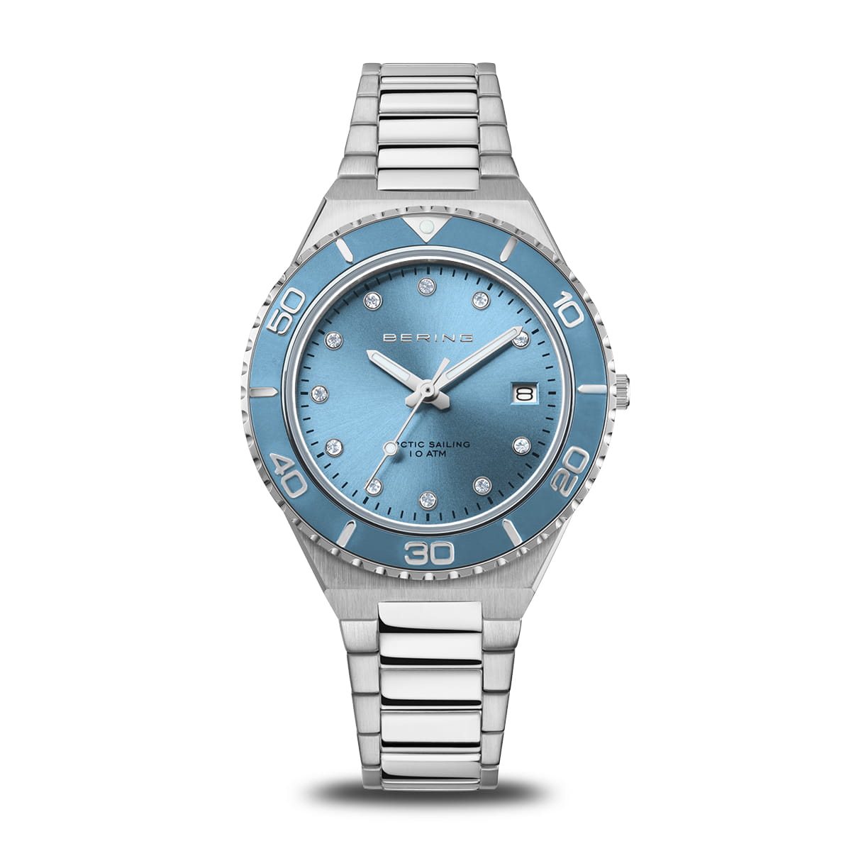 Reloj de mujer con esfera azul, caja de acero inoxidable y pulsera metálica.