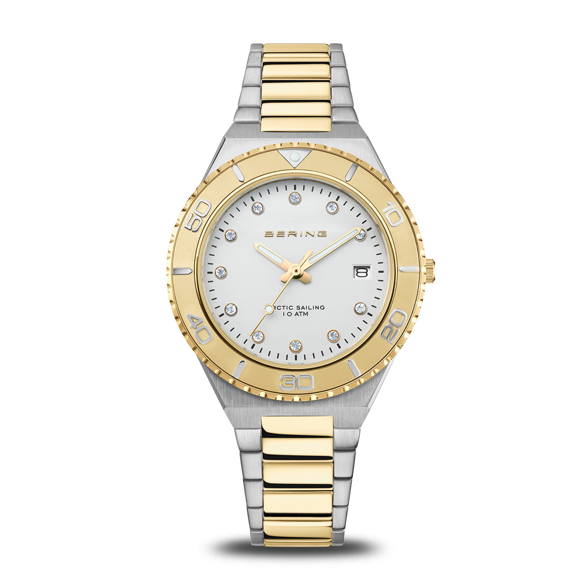 Reloj de dama con esfera blanca, caja bicolor de acero inoxidable y correa de eslabones dorados y plateados.