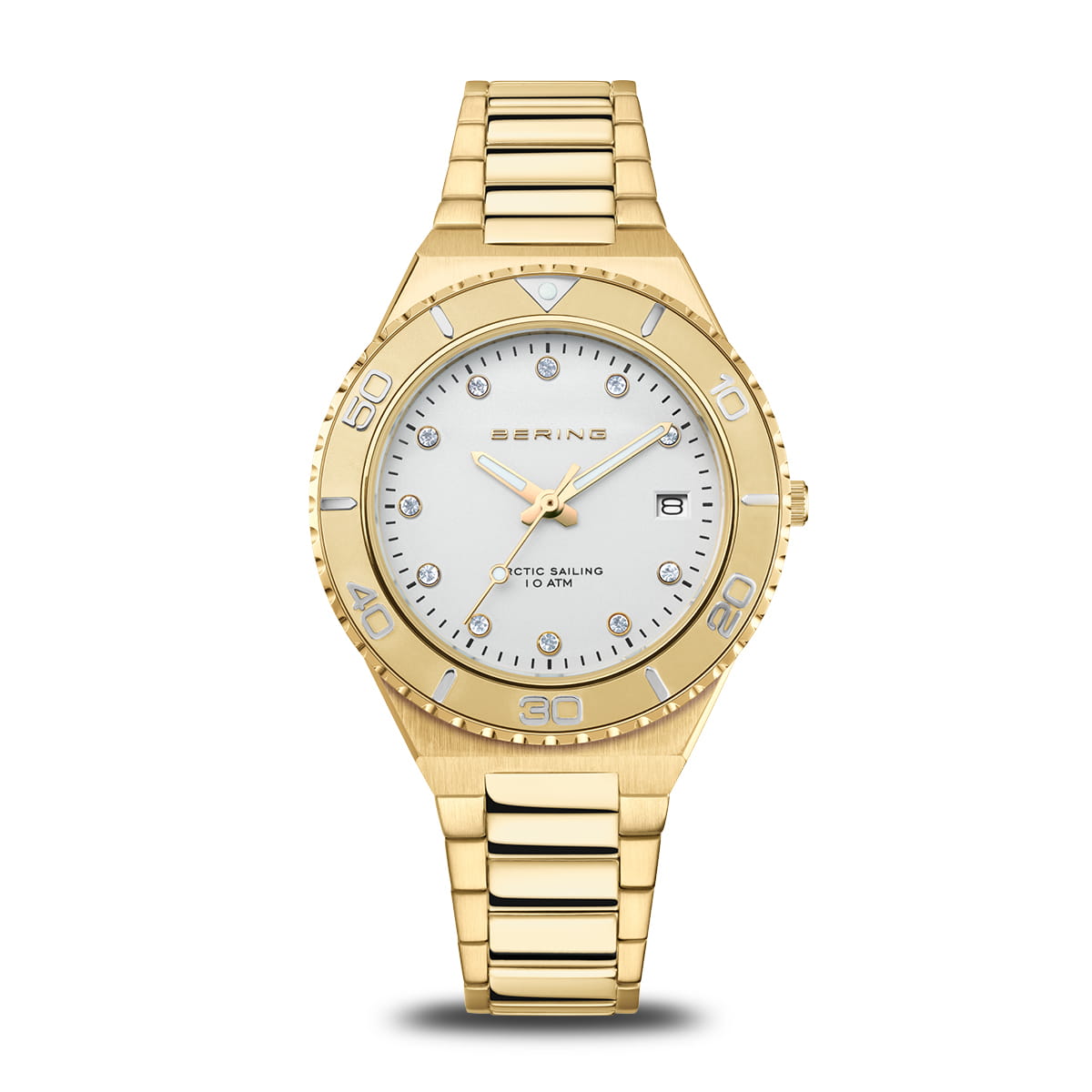 Reloj de mujer con esfera blanca, caja dorada y pulsera de eslabones dorados.