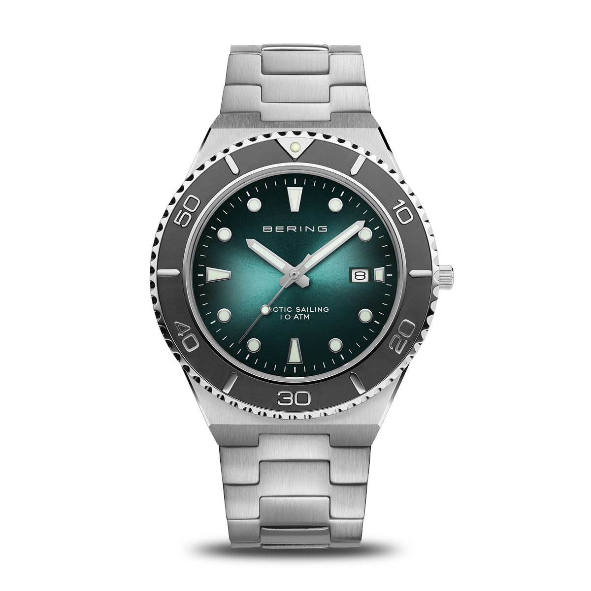 Reloj de hombre con esfera verde, caja de acero inoxidable y correa de metal.