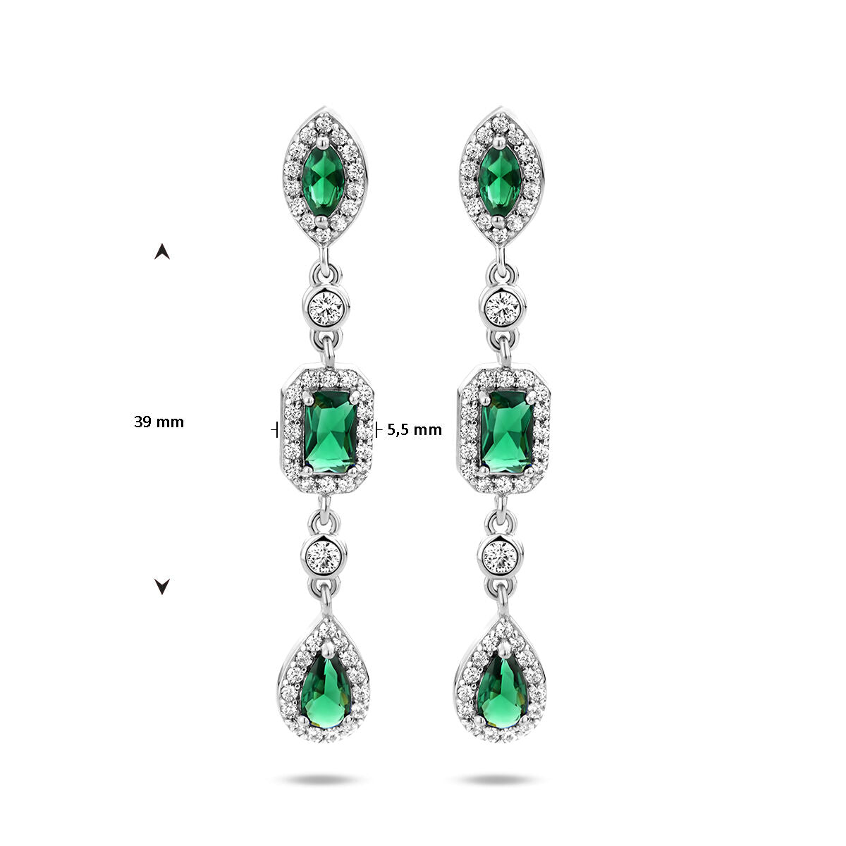 pendientes de zirconia blanca y verde en plata rodiada