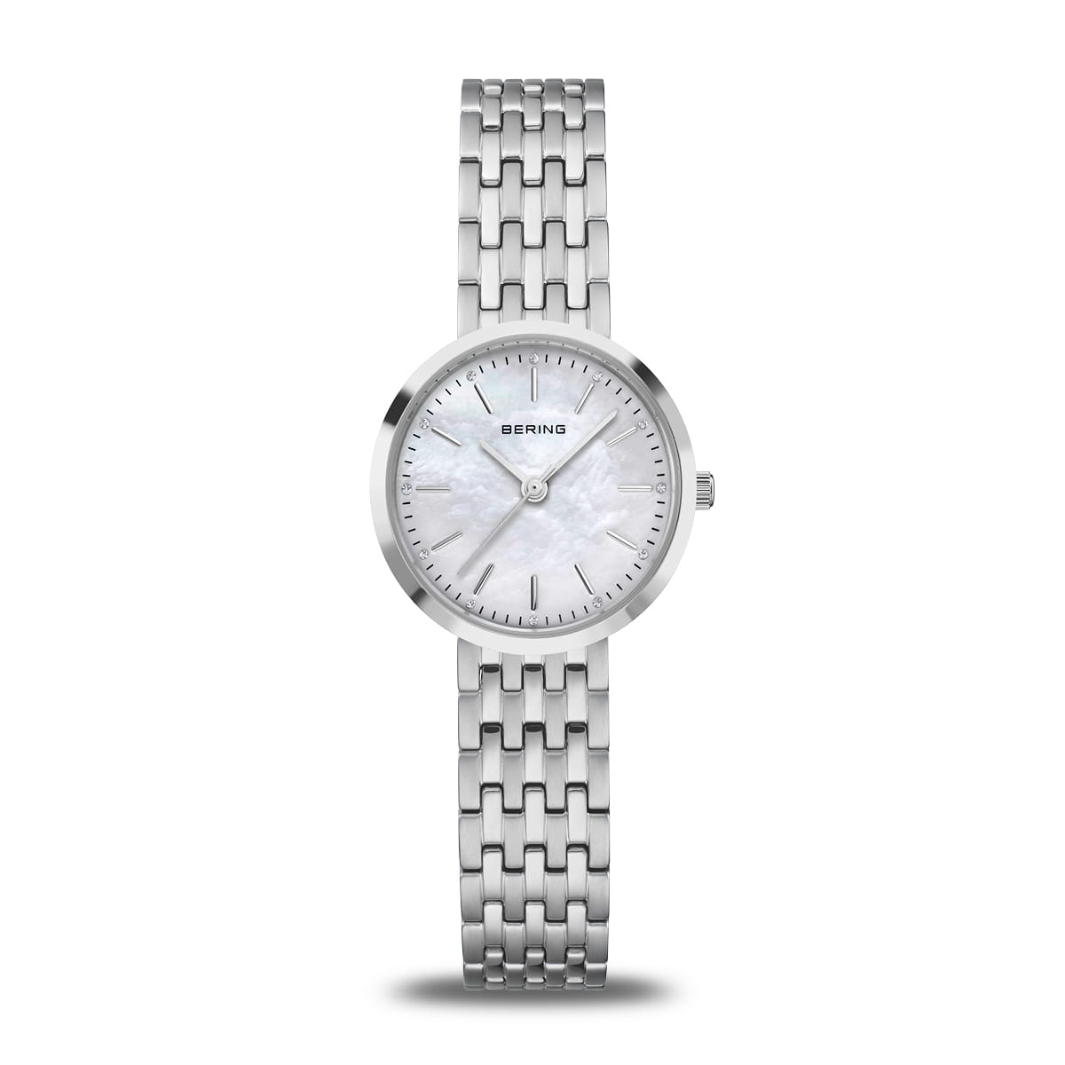 Reloj de mujer con esfera de nácar, correa de acero inoxidable y diseño minimalista.