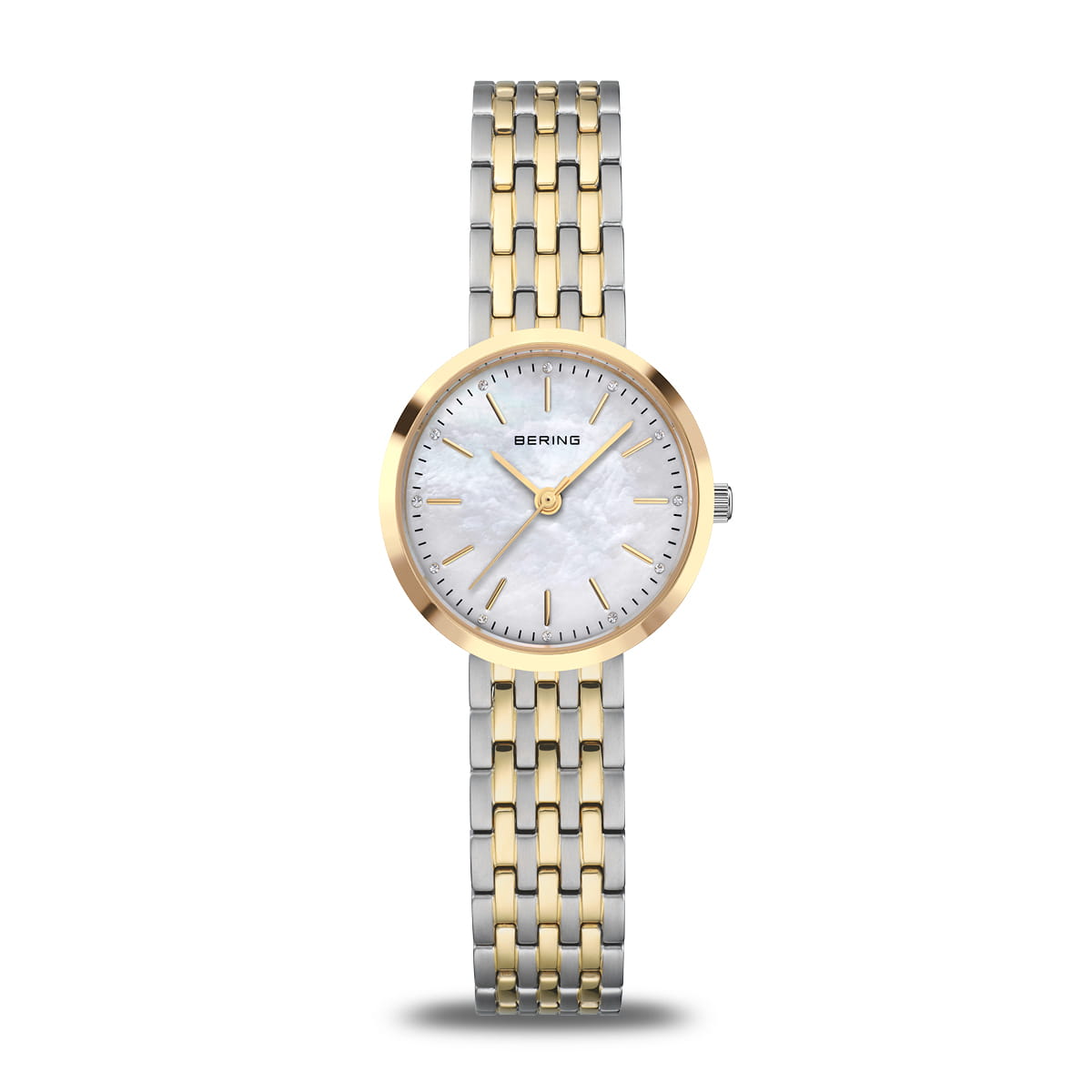 Reloj de dama con esfera de nácar, caja dorada y pulsera de acero bicolor.