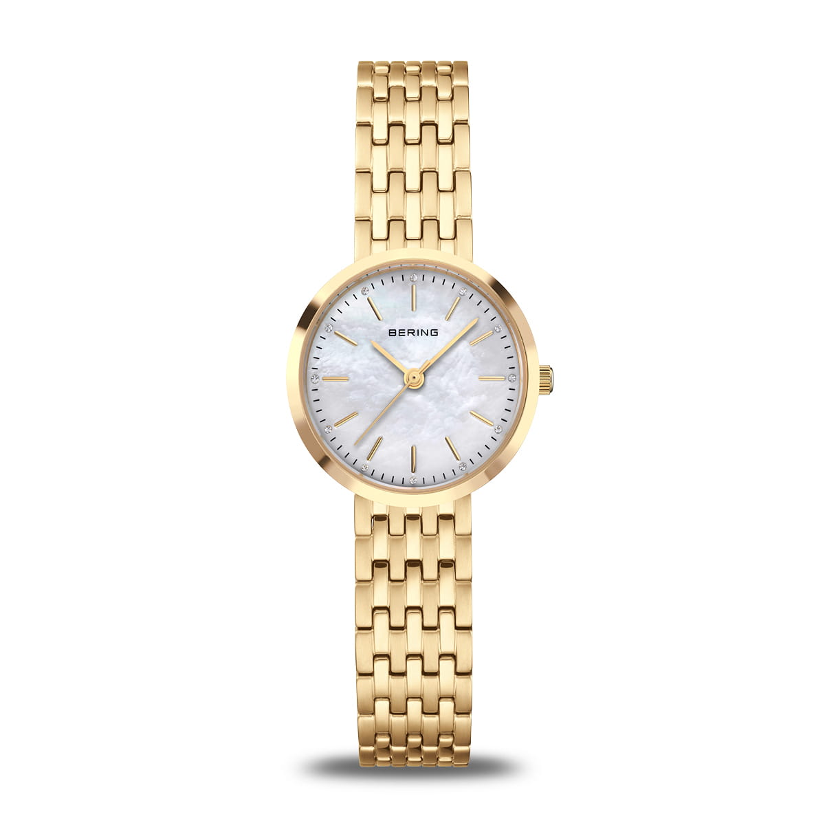 Reloj de dama con esfera de nácar y correa dorada de eslabones.