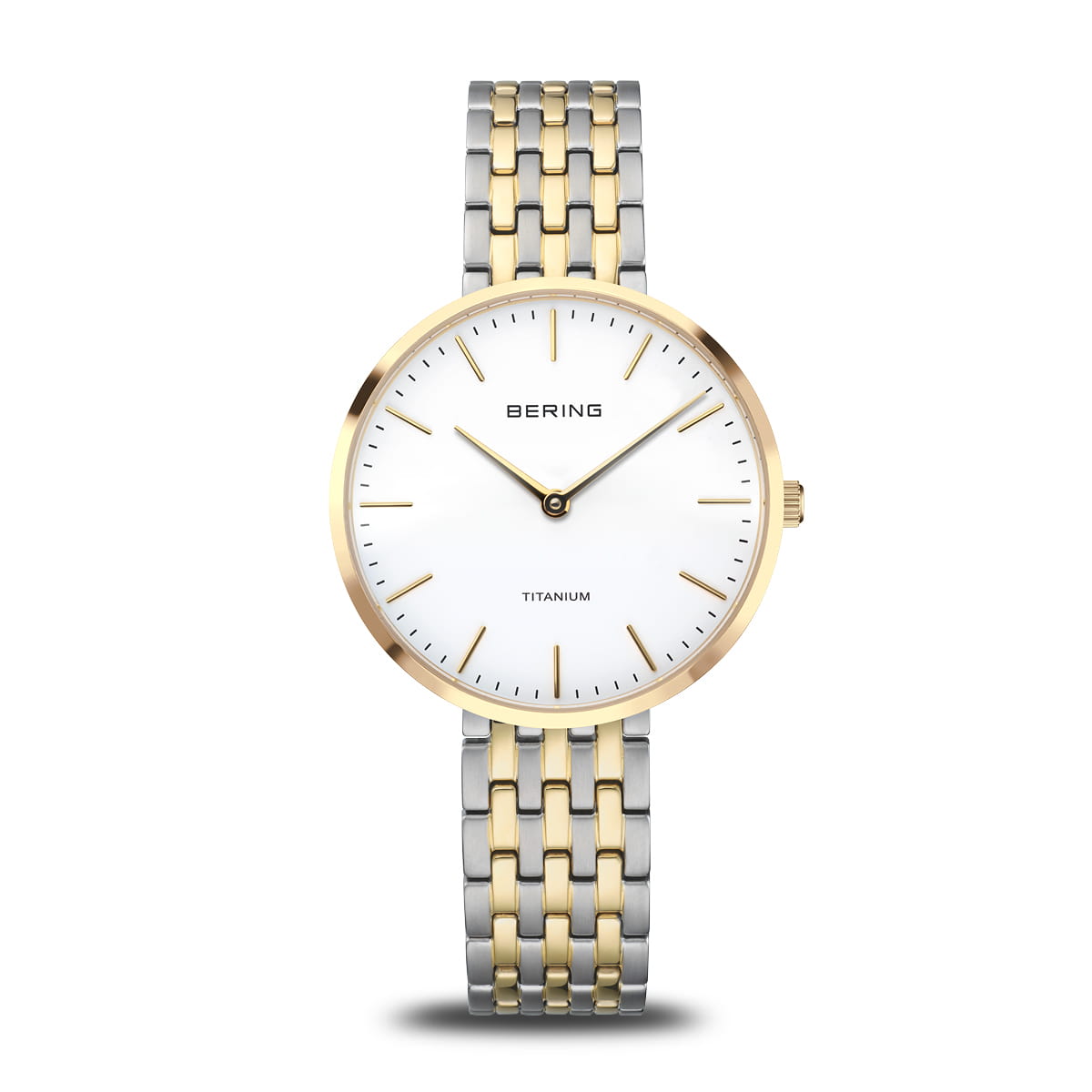 Reloj de dama con esfera blanca, caja dorada y correa de acero inoxidable bicolor.