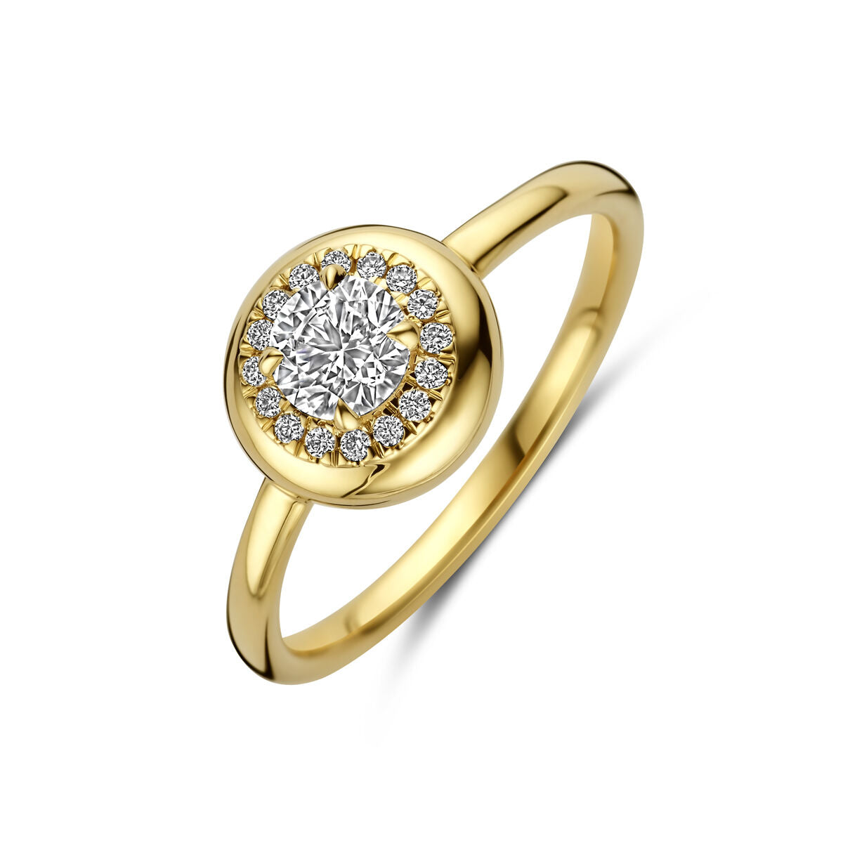 Anillo de oro amarillo de 14K con diamante lab-grown de 0.49 ct y diamantes alrededor.
